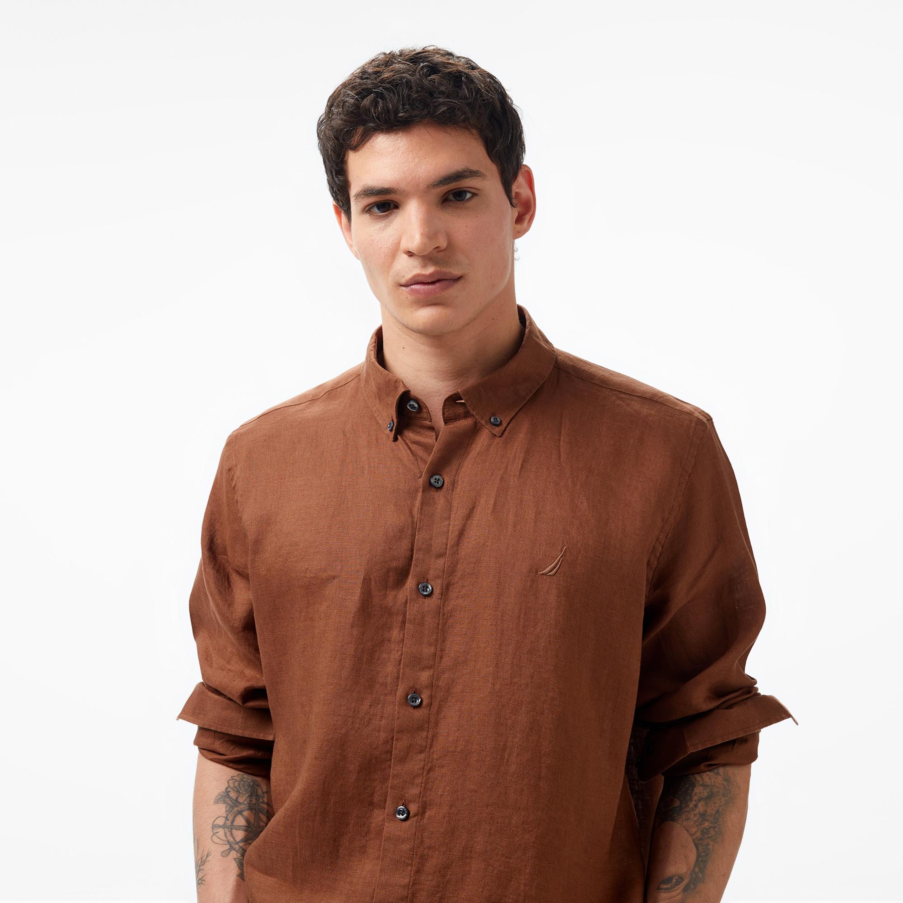 Nautica Erkek Kahverengi Classic Fit Uzun Kollu Keten Gömlek