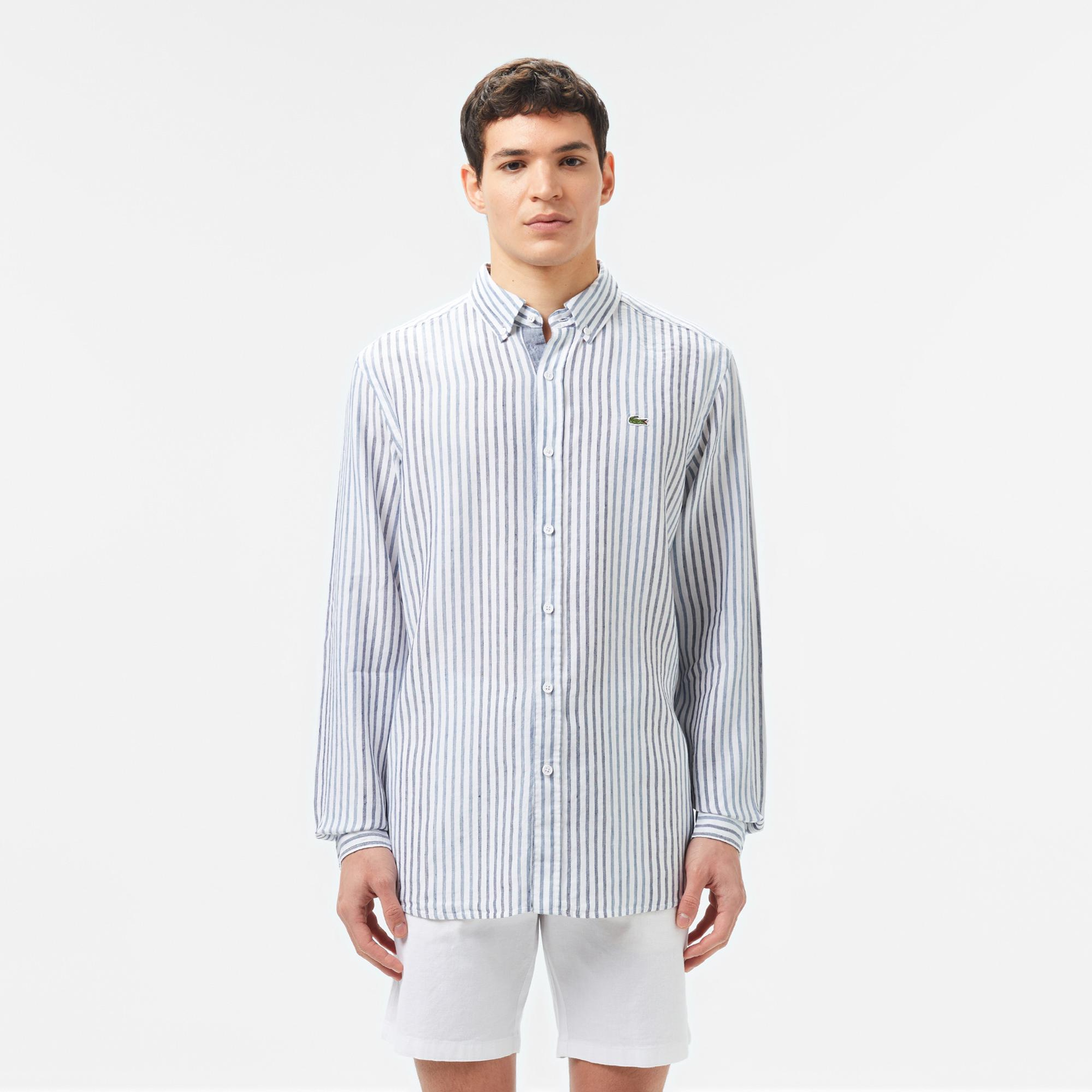 Lacoste Erkek Regular Fit Çizgili Keten Koyu Mavi Gömlek