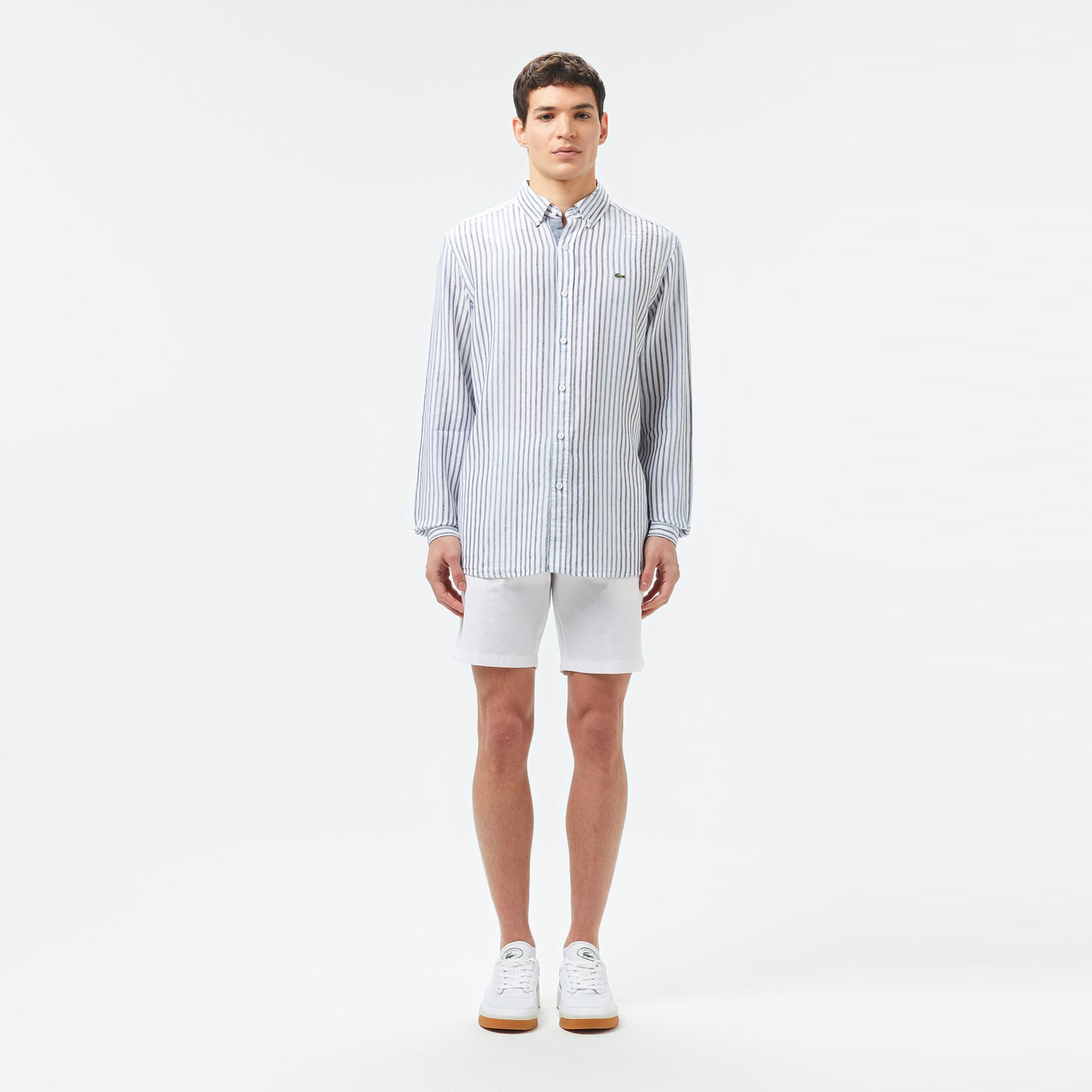 Lacoste Erkek Regular Fit Çizgili Keten Koyu Mavi Gömlek