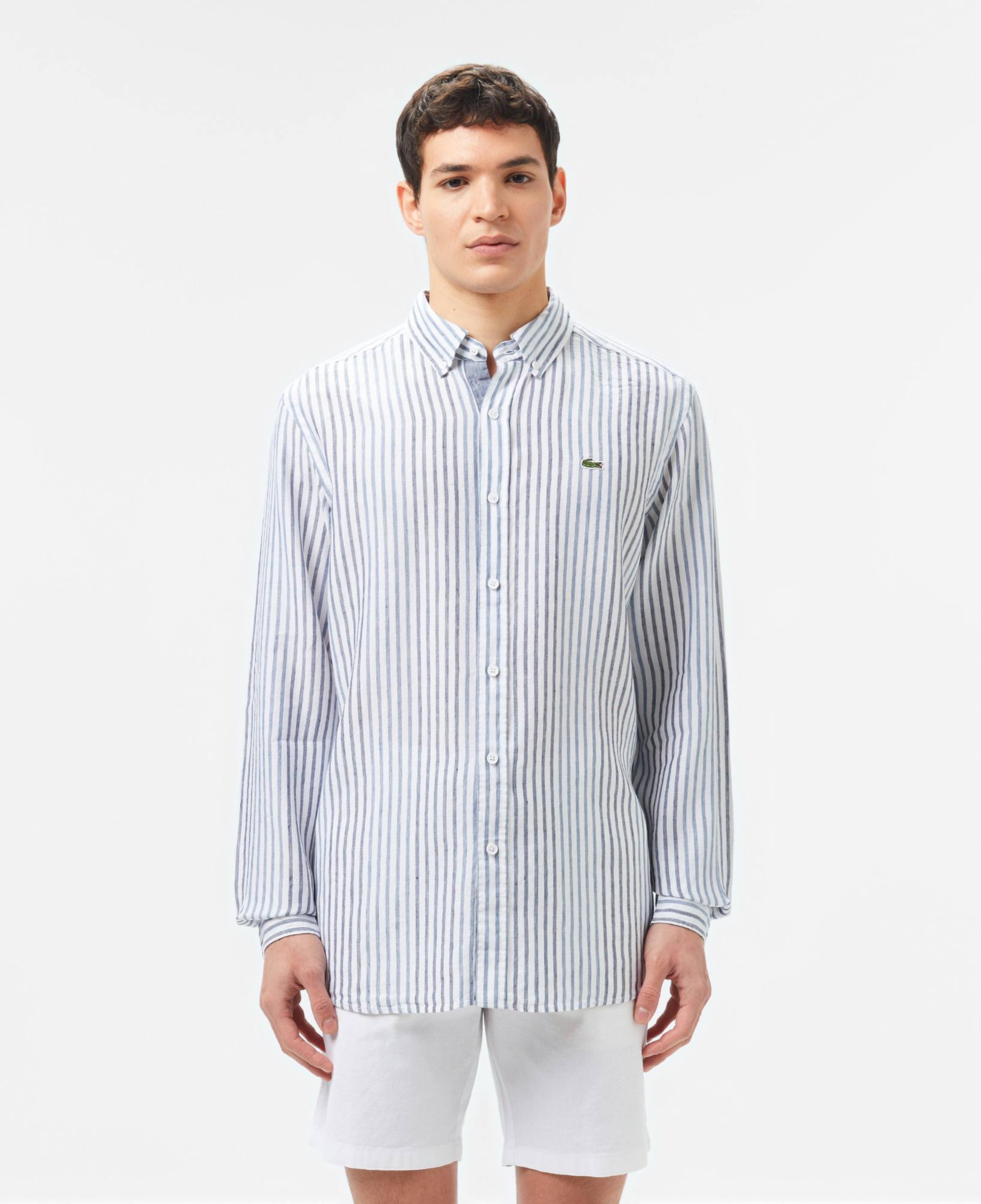 Lacoste Erkek Regular Fit Çizgili Keten Koyu Mavi Gömlek