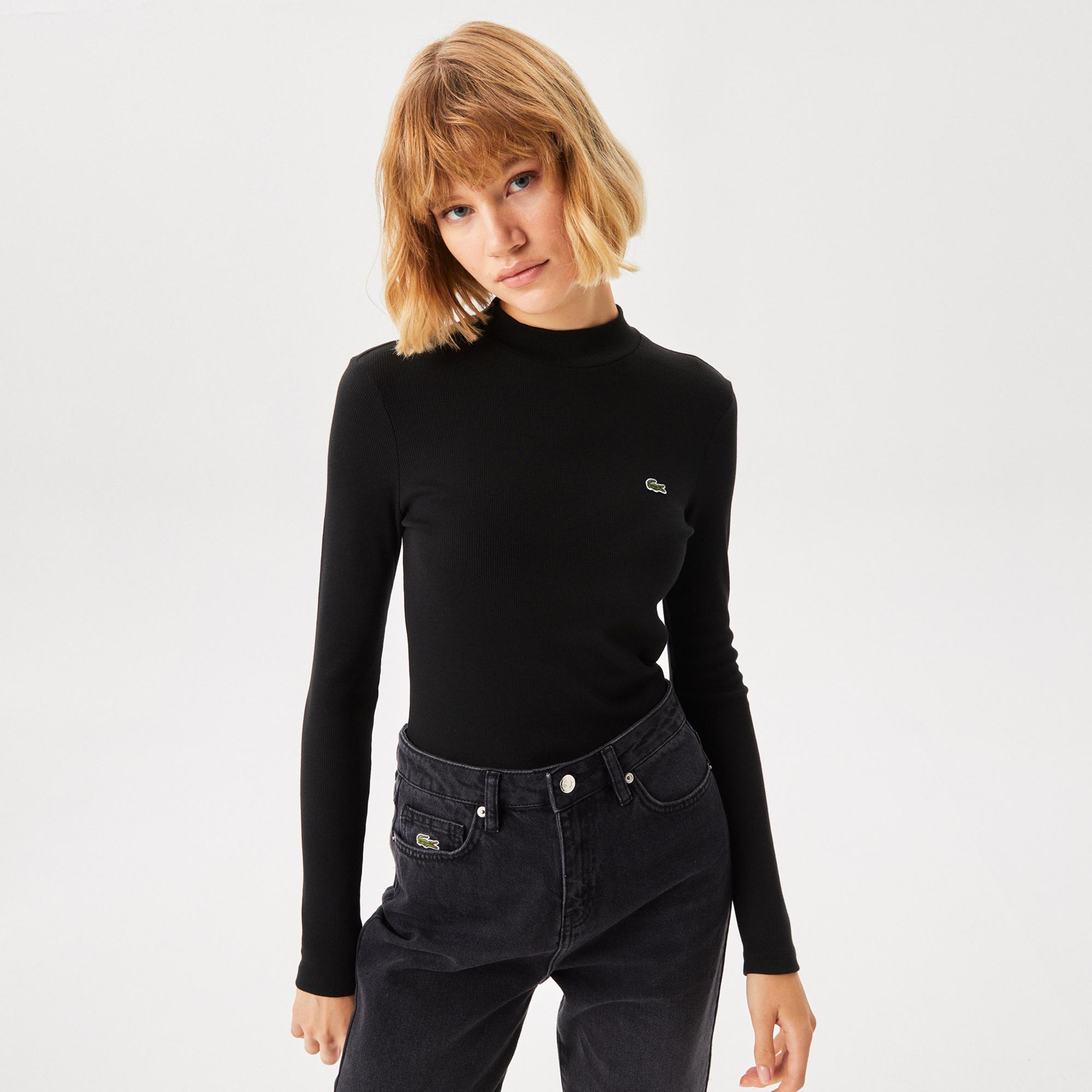Lacoste Kadın Slim Fit Uzun Kollu Bisiklet Yaka Siyah T-Shirt