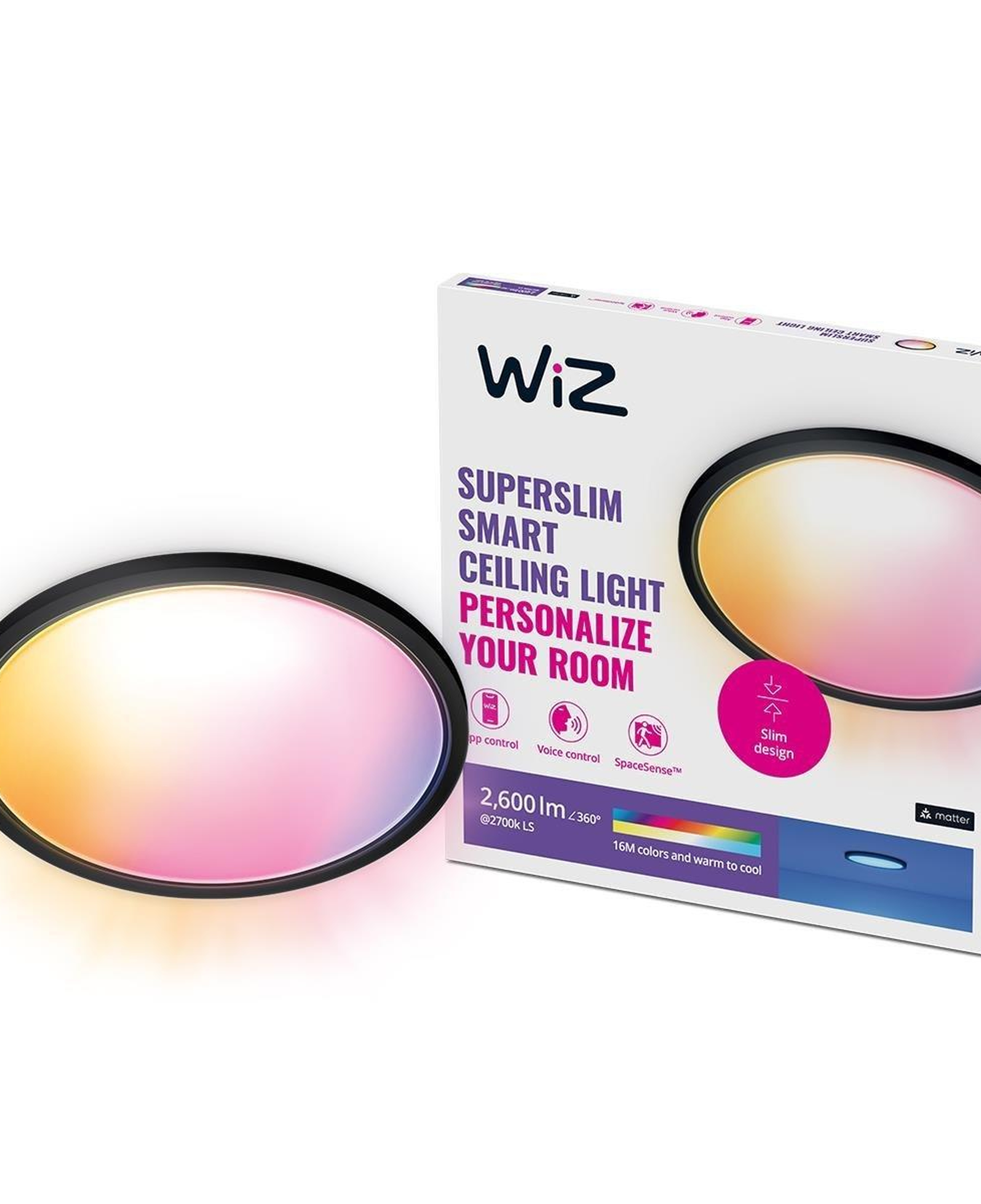 Wiz SuperSlim 22W Siyah Sıva Üstü RGB Akıllı LED Yuvarlak Panel Tavan Armatürü 42 cm çapında 2600 Lumen