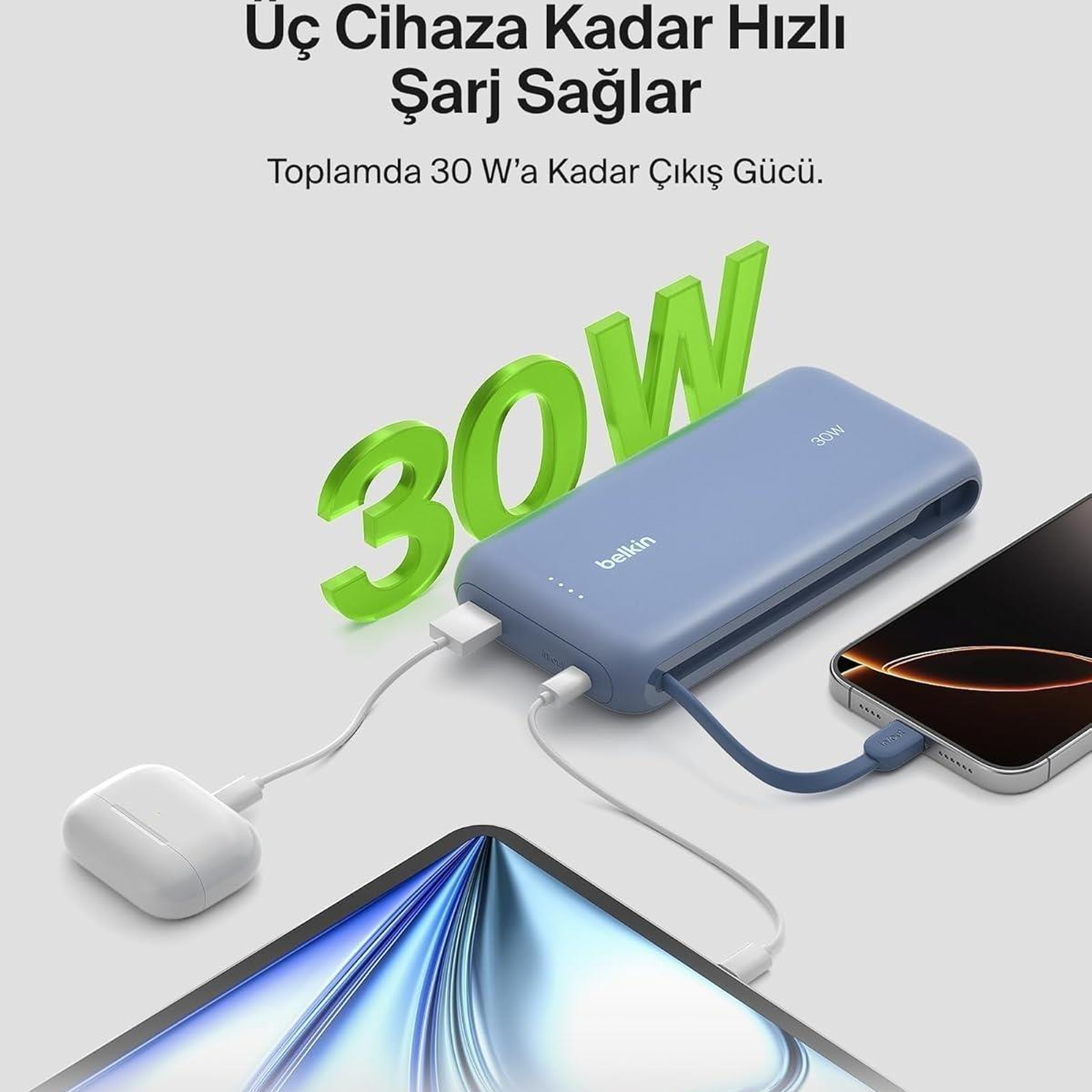 Belkin BoostCharge Powerbank, 20K Entegre Kablolu Taşınabilir Güç Kaynağı, 30 W Güç İletimli Hızlı Şarj, USB-C, Mavi