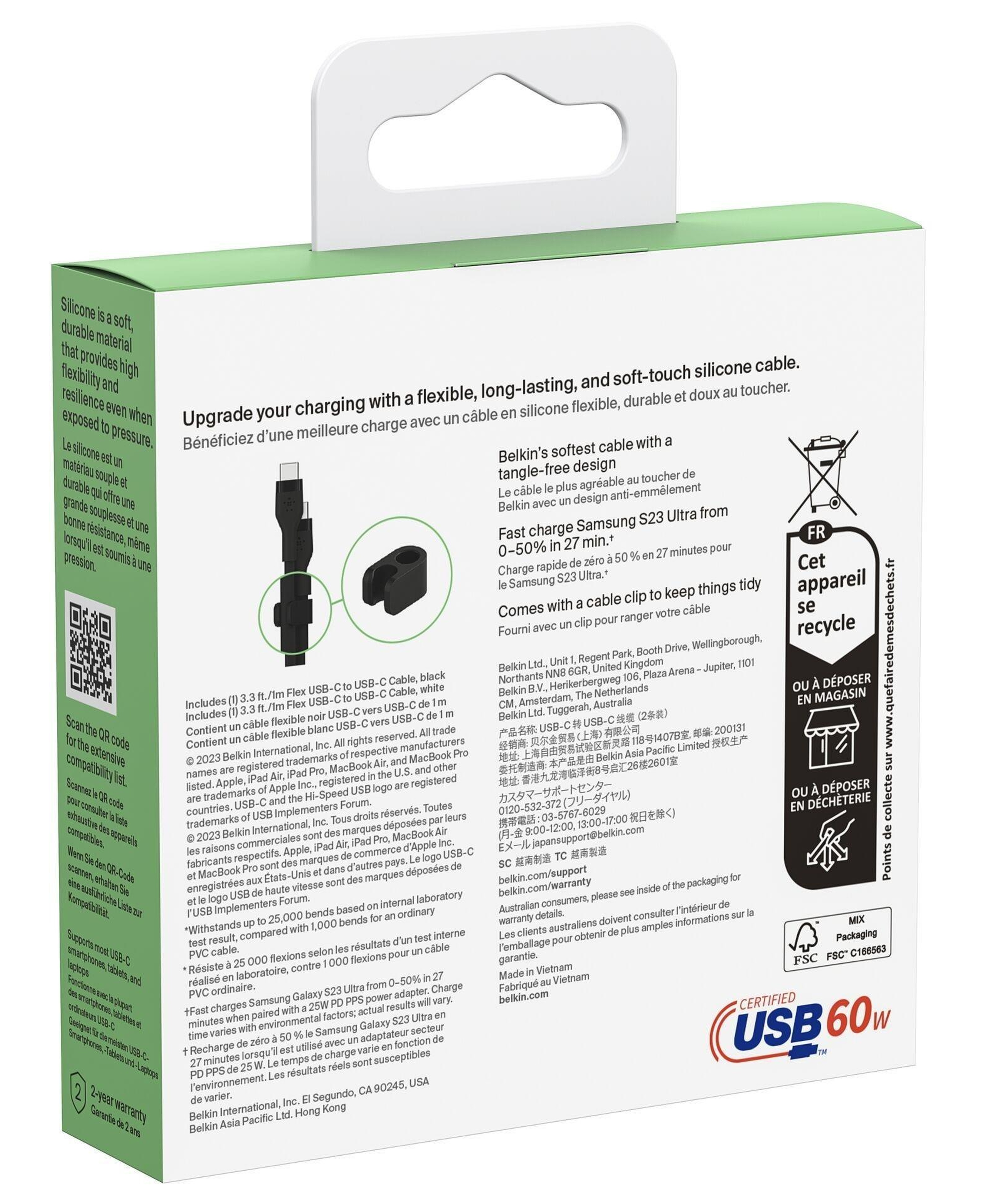 Belkin CAB009BT1MBW2PK Type C-C Silikon Kablo 1 Metre 2'li Paket - Beyaz