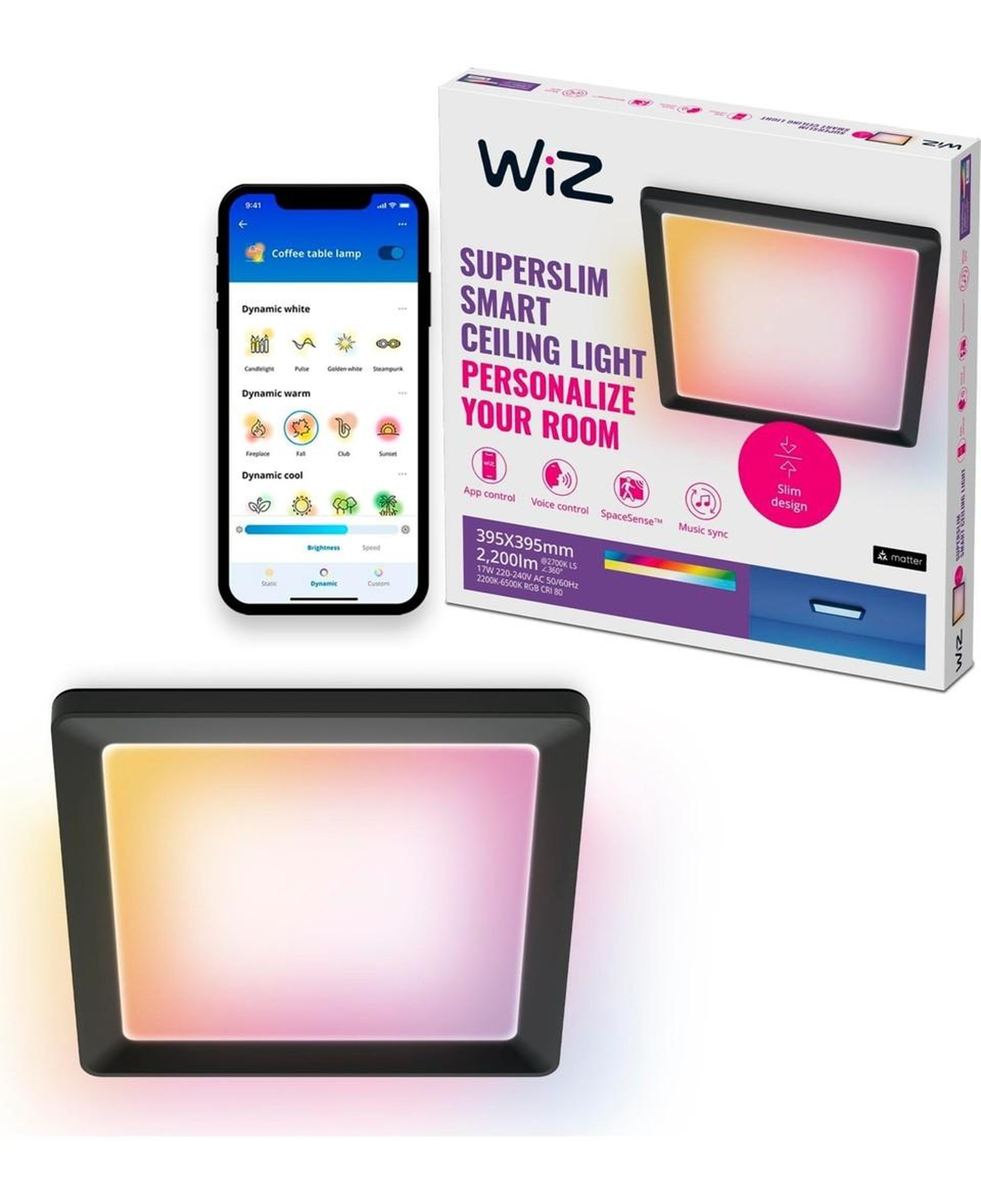 Wiz Siyah Akıllı Sıva Üstü Rgb Kare Panel Tavan Armatürü 17W