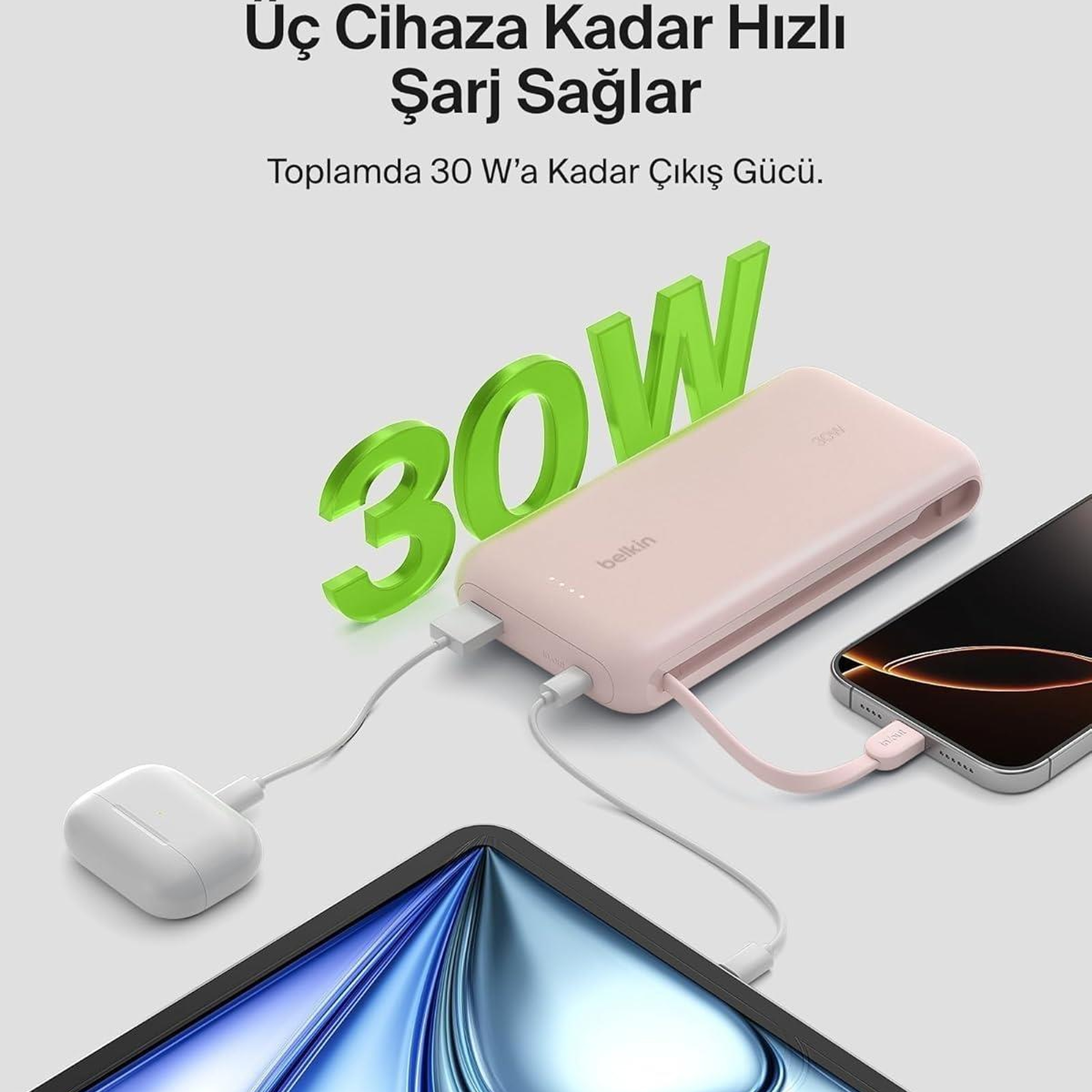 Belkin BoostCharge Powerbank, 20K Entegre Kablolu Taşınabilir Güç Kaynağı, 30 W Güç İletimli Hızlı Şarj, USB-C, Pembe