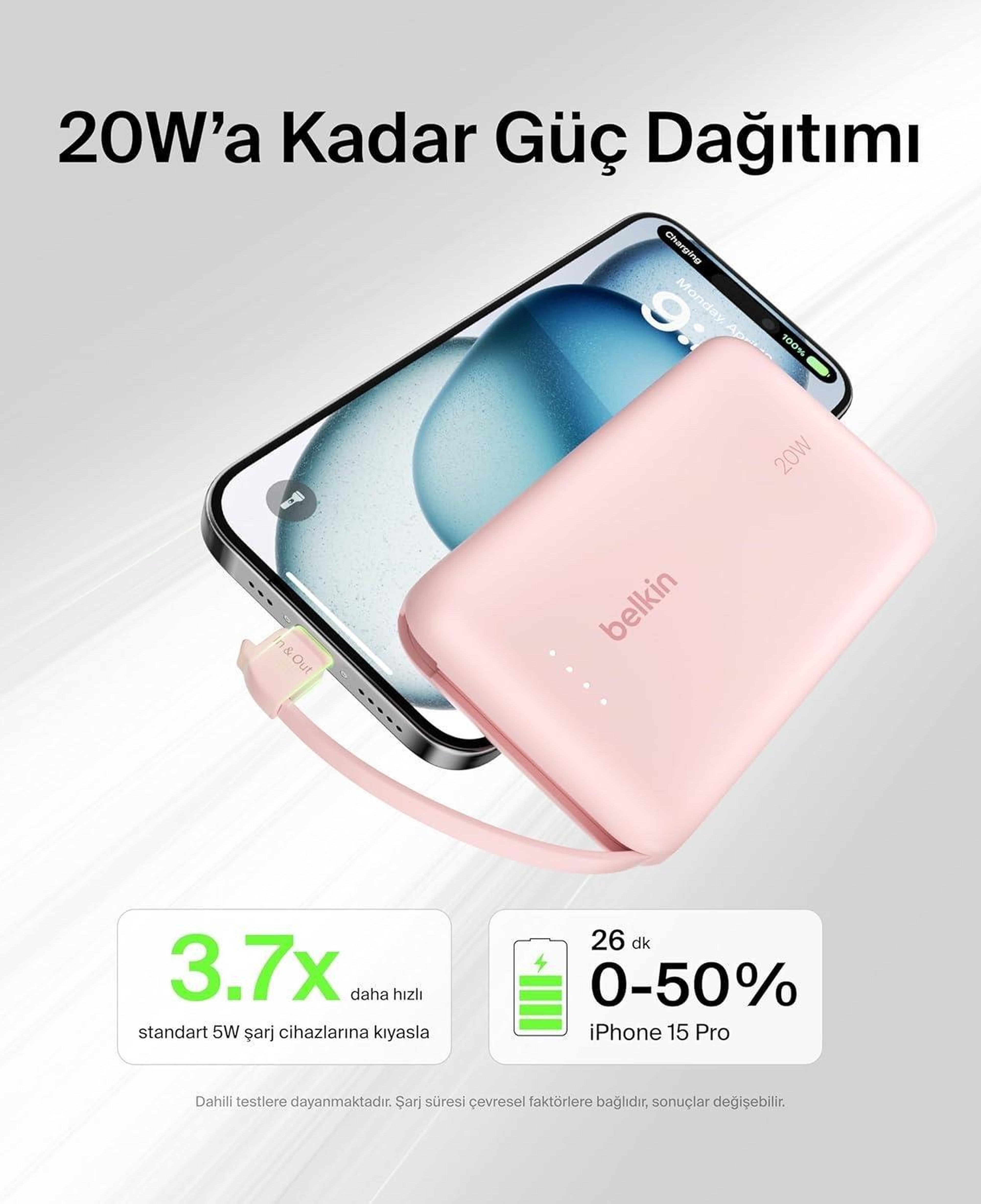Belkin BoostCharge Powerbank, Entegre Type-C Kablolu 10K PD 20W, Pembe