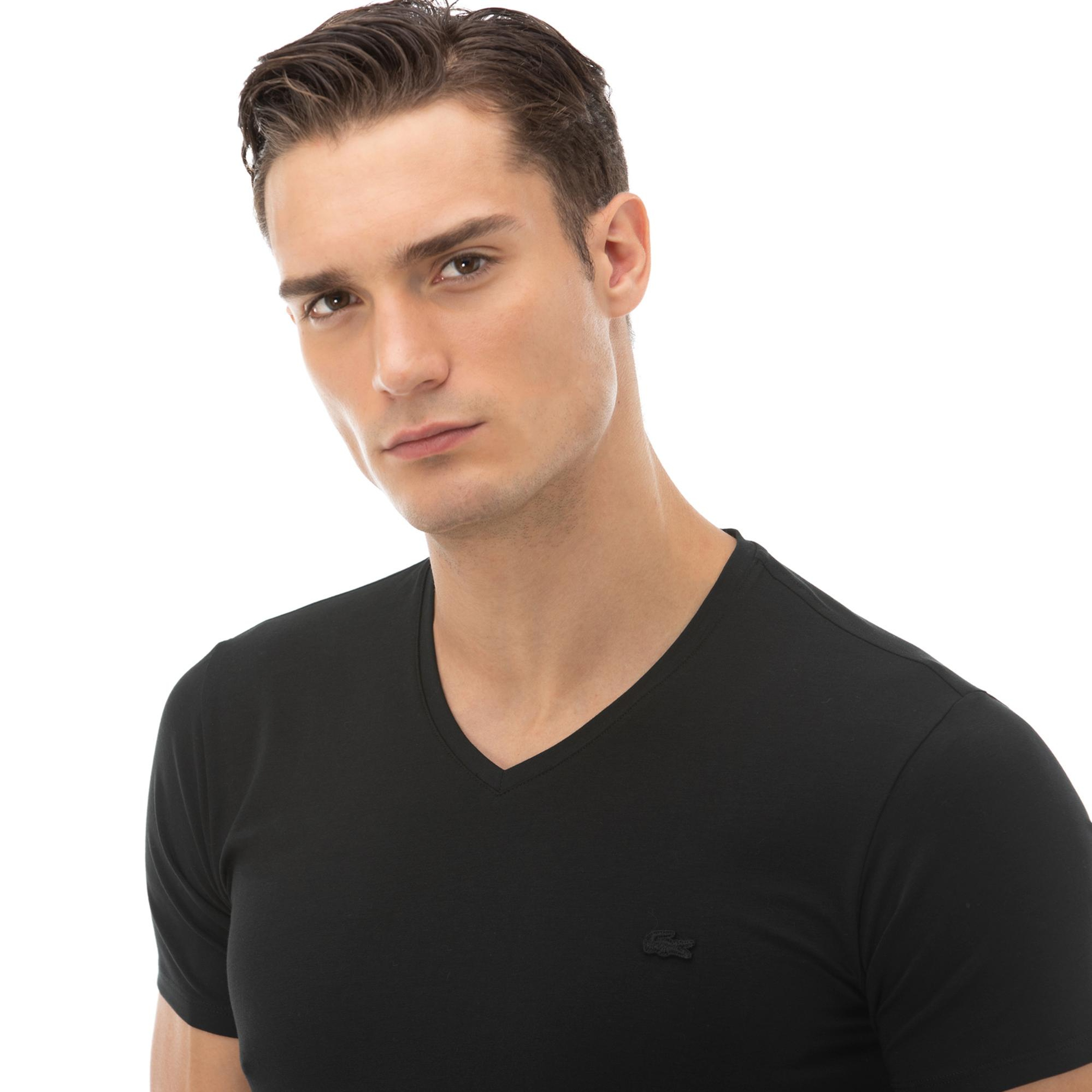 Erkek Slim Fit V Yaka Siyah T-Shirt