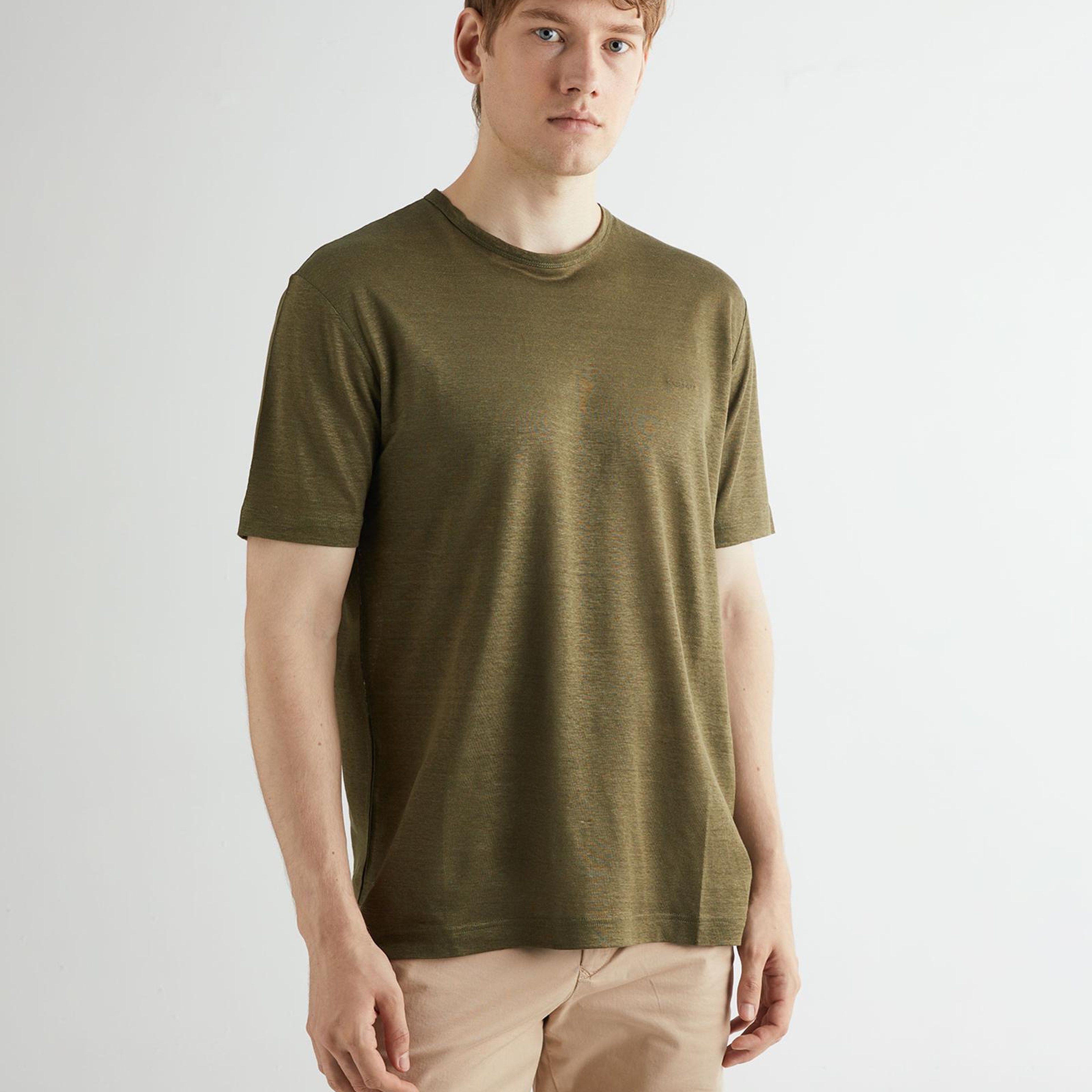 GANT Erkek Yeşil Regular Fit Bisiklet Yaka Keten T-shirt