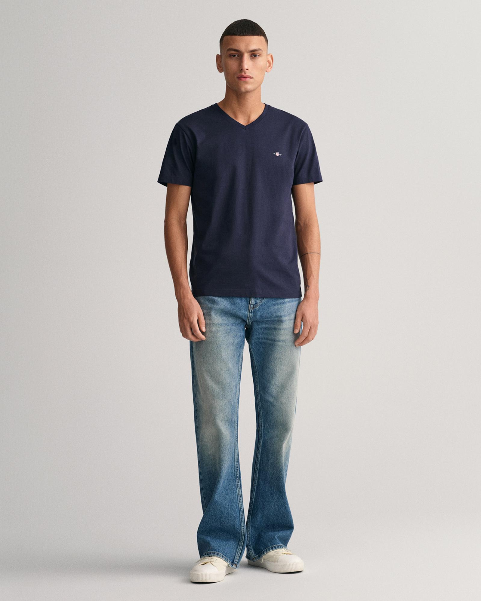 GANT Erkek Lacivert Slim Fit V Yaka T-Shirt
