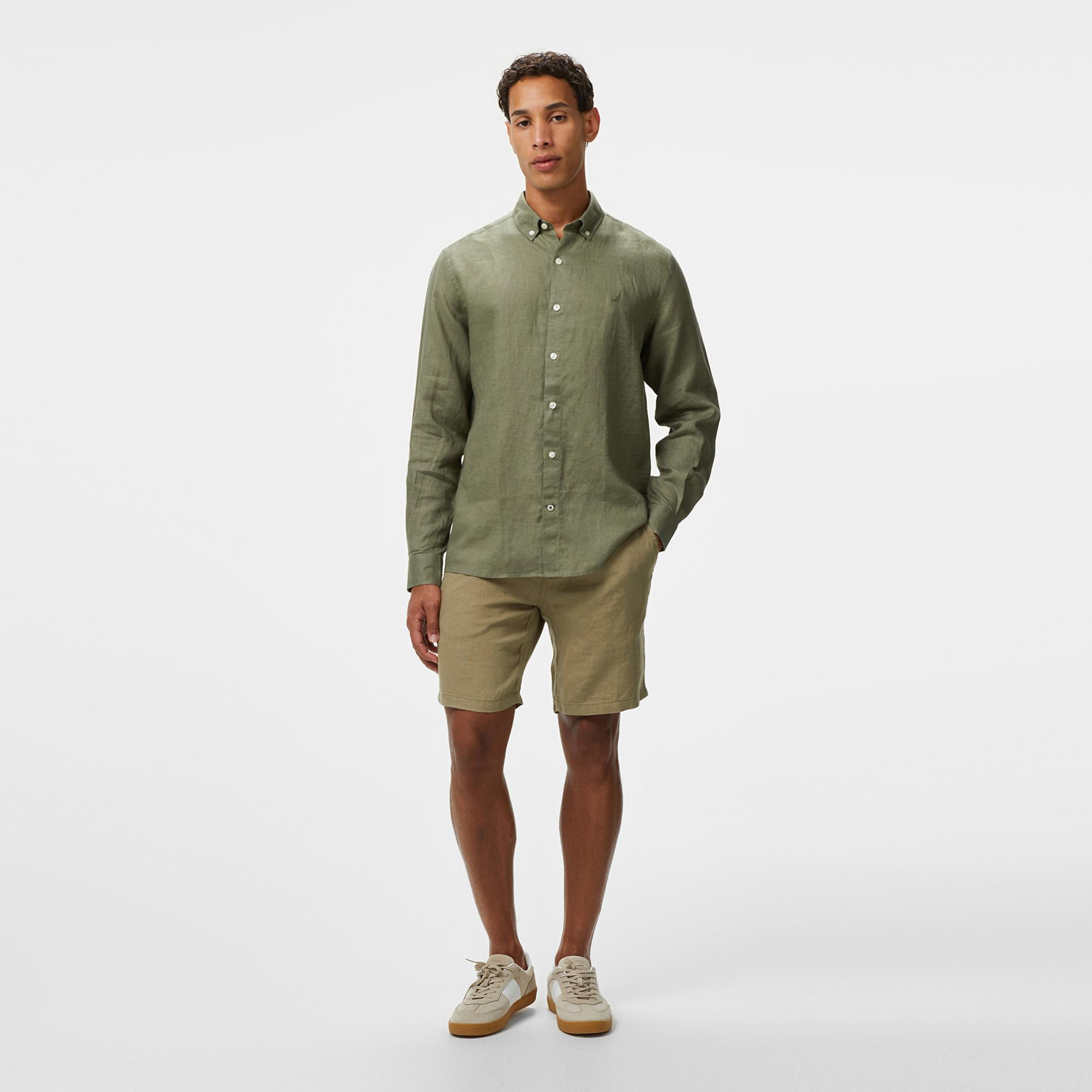 Nautica Erkek Yeşil Classic Fit Keten Gömlek