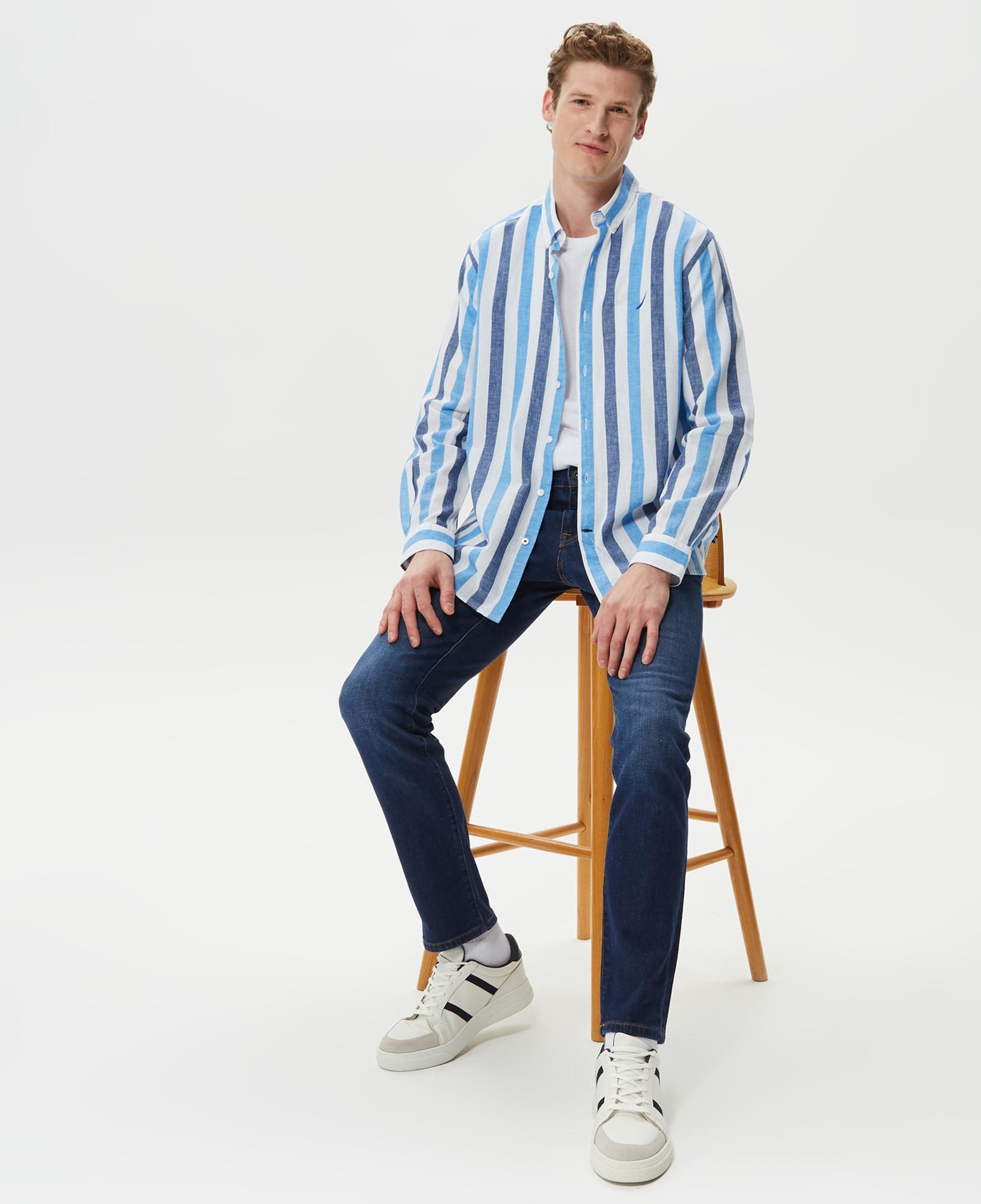 Nautica Erkek Mavi Çizgili Classic Fit Uzun Kollu Keten Gömlek