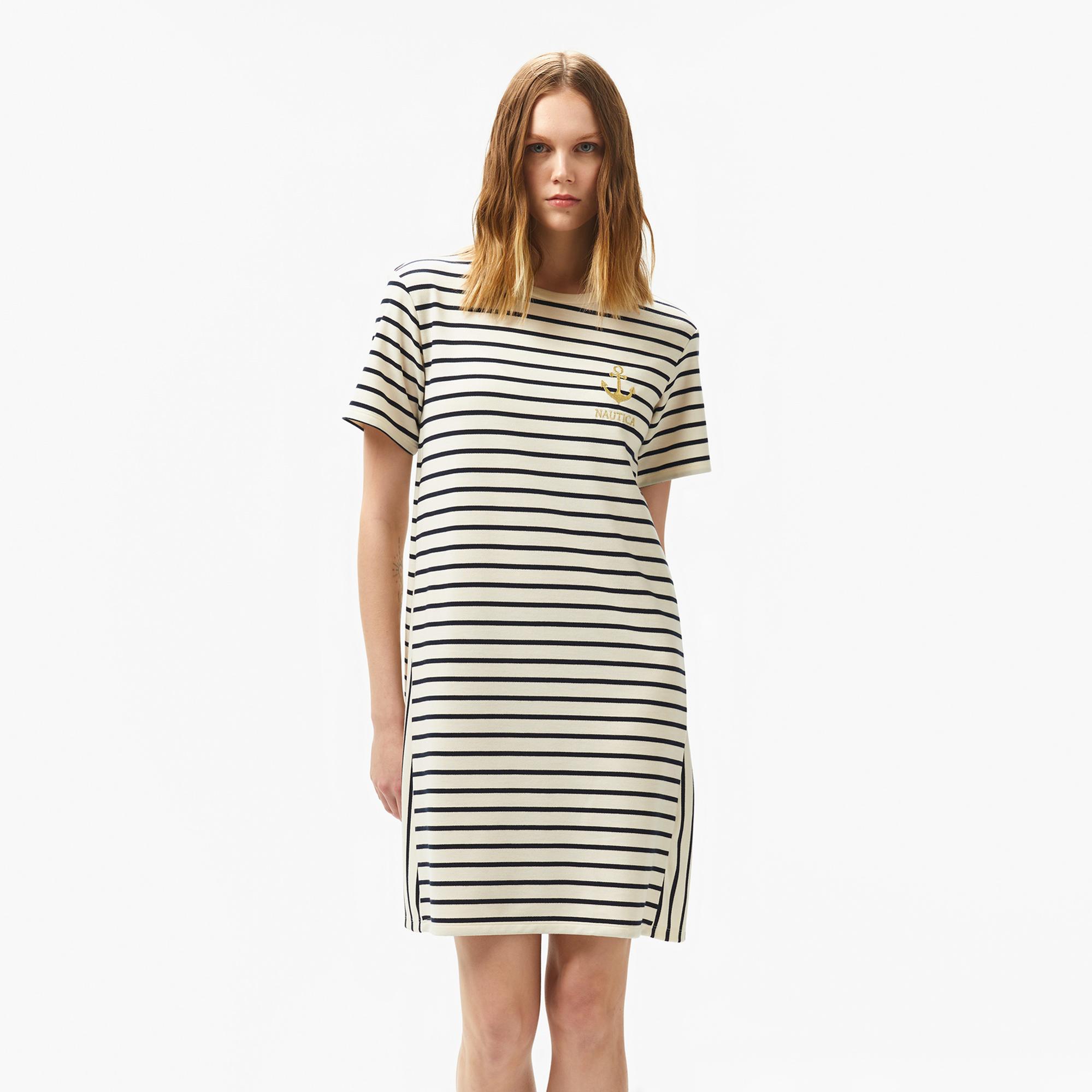 Nautica Kadın Krem Rengi Regular Fit Çizgili Elbise