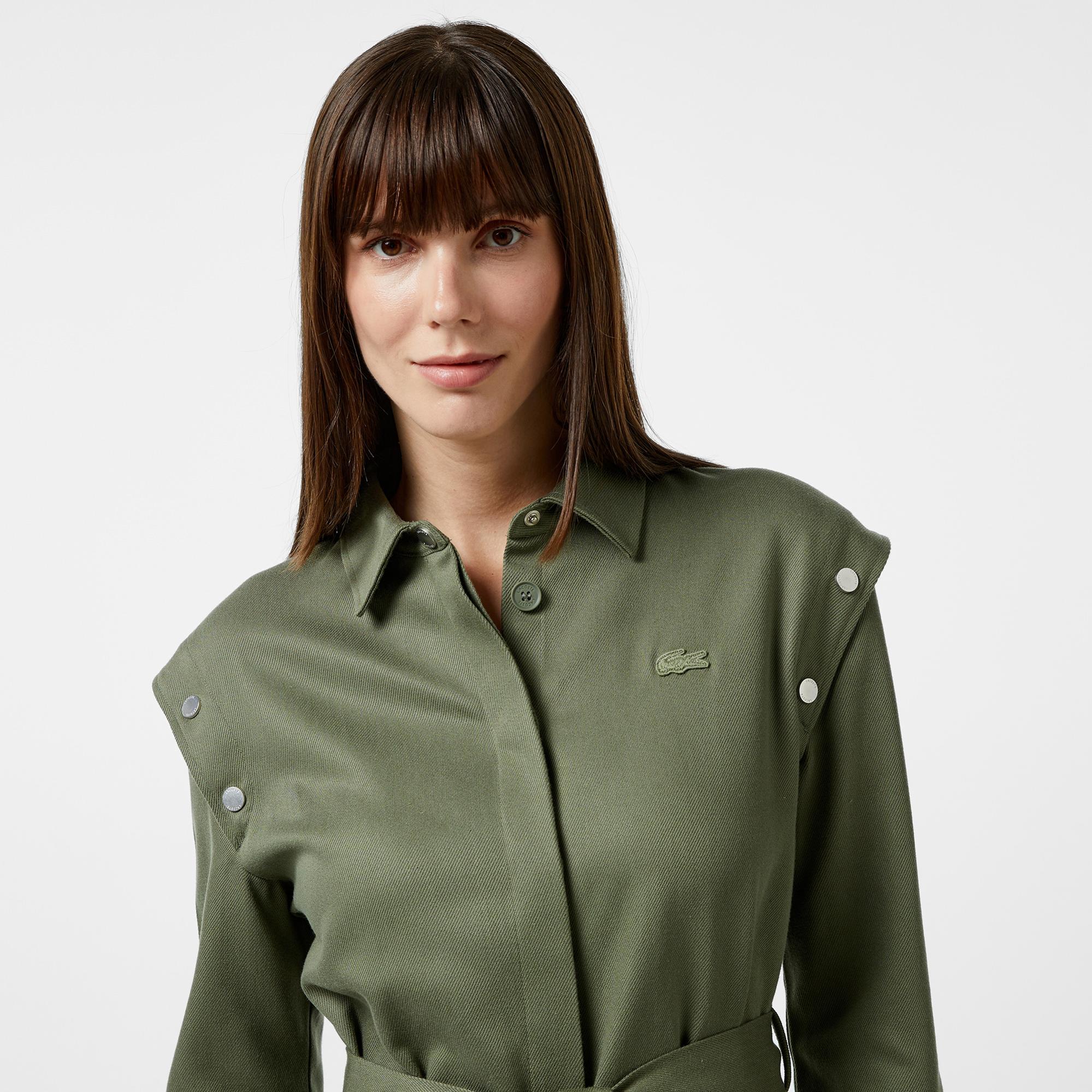 Kadın Relaxed Fit Uzun Kollu Gömlek Yaka Haki Elbise