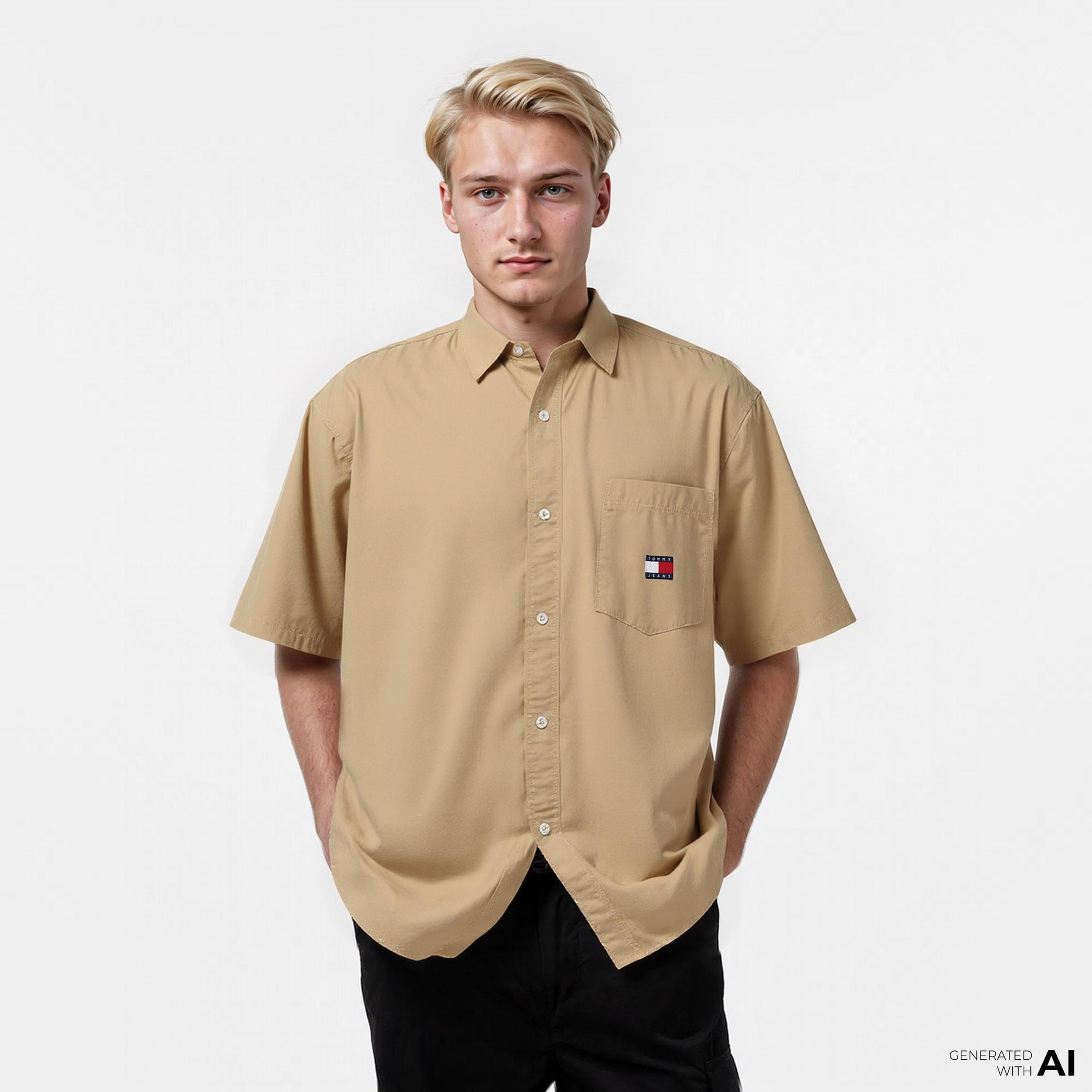 Tommy Jeans Popplin Erkek Bej Gömlek