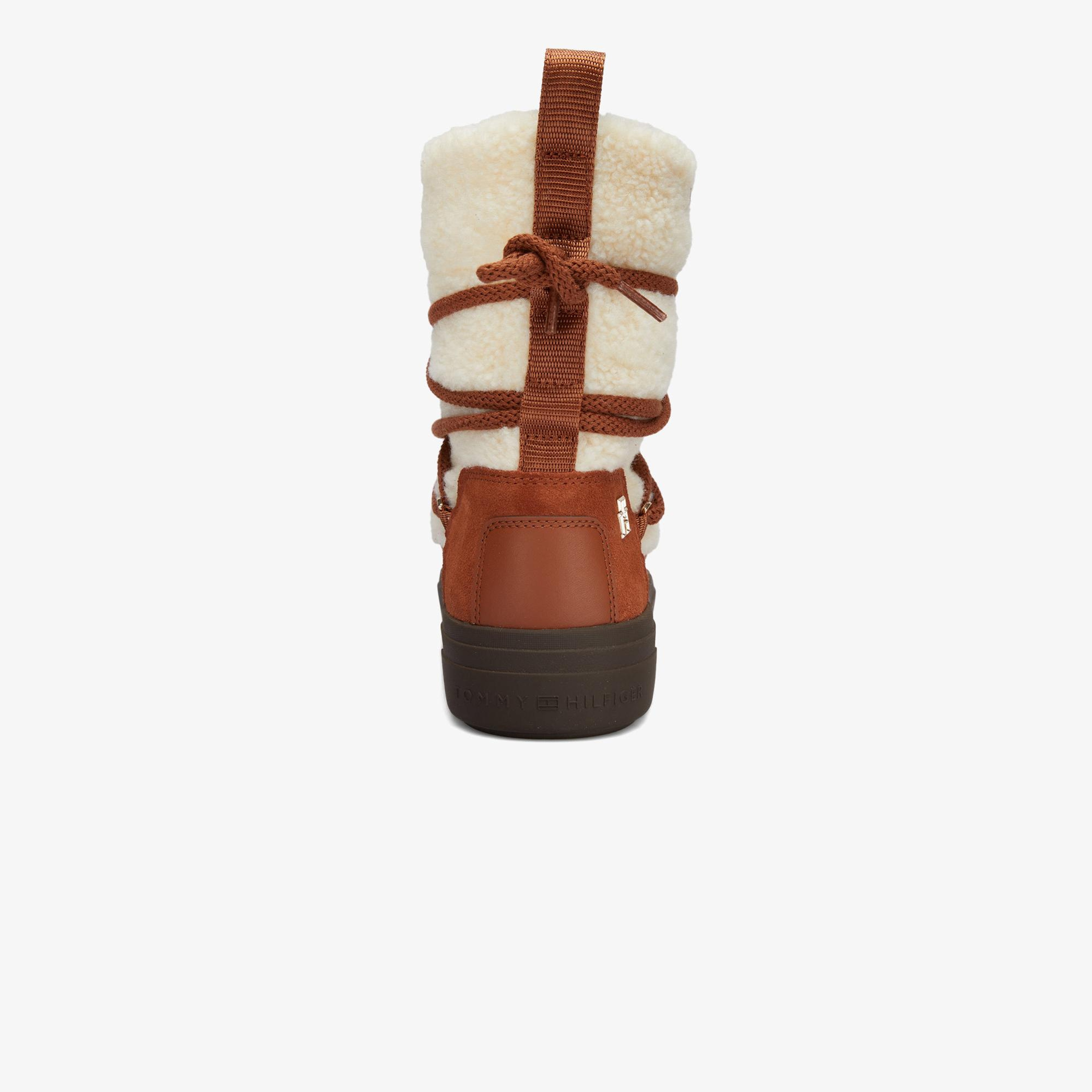 Tommy Hilfiger Lace-Up Faux Shearling Kadın Kahverengi Kar Botu