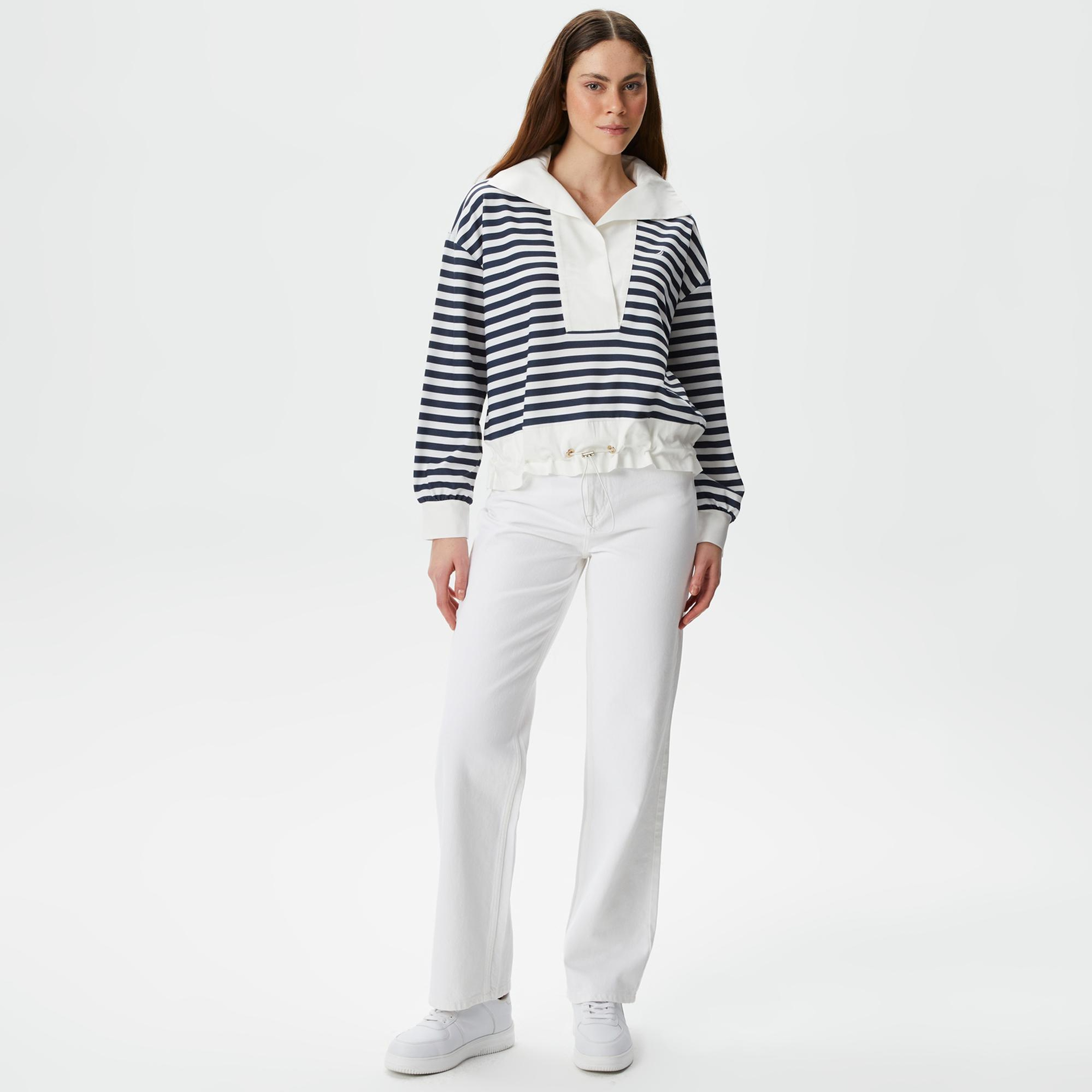 Nautica Kadın Lacivert Relaxed Fit Dik Yaka Çizgili Sweatshirt