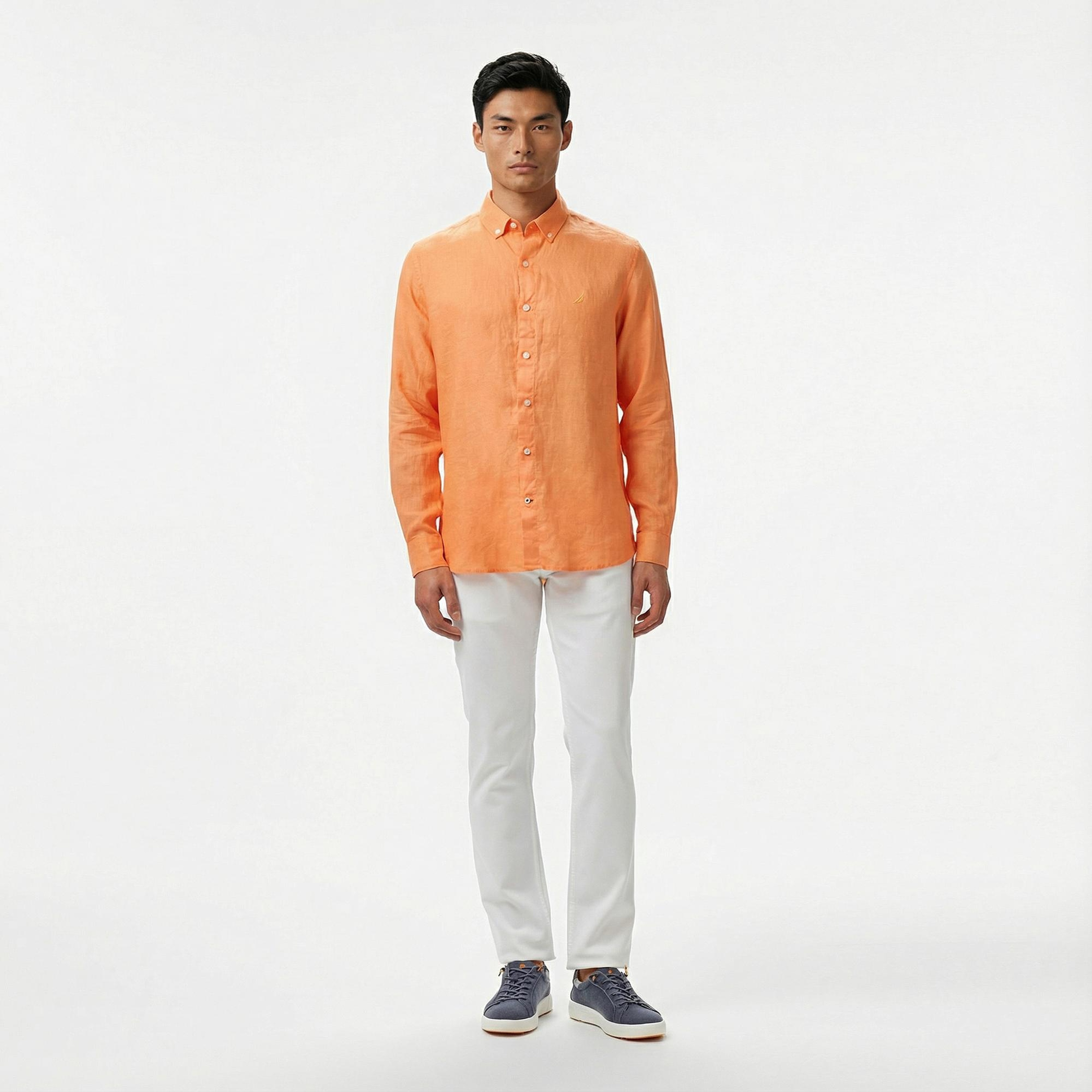 Nautica Erkek Turuncu Classic Fit Keten Gömlek