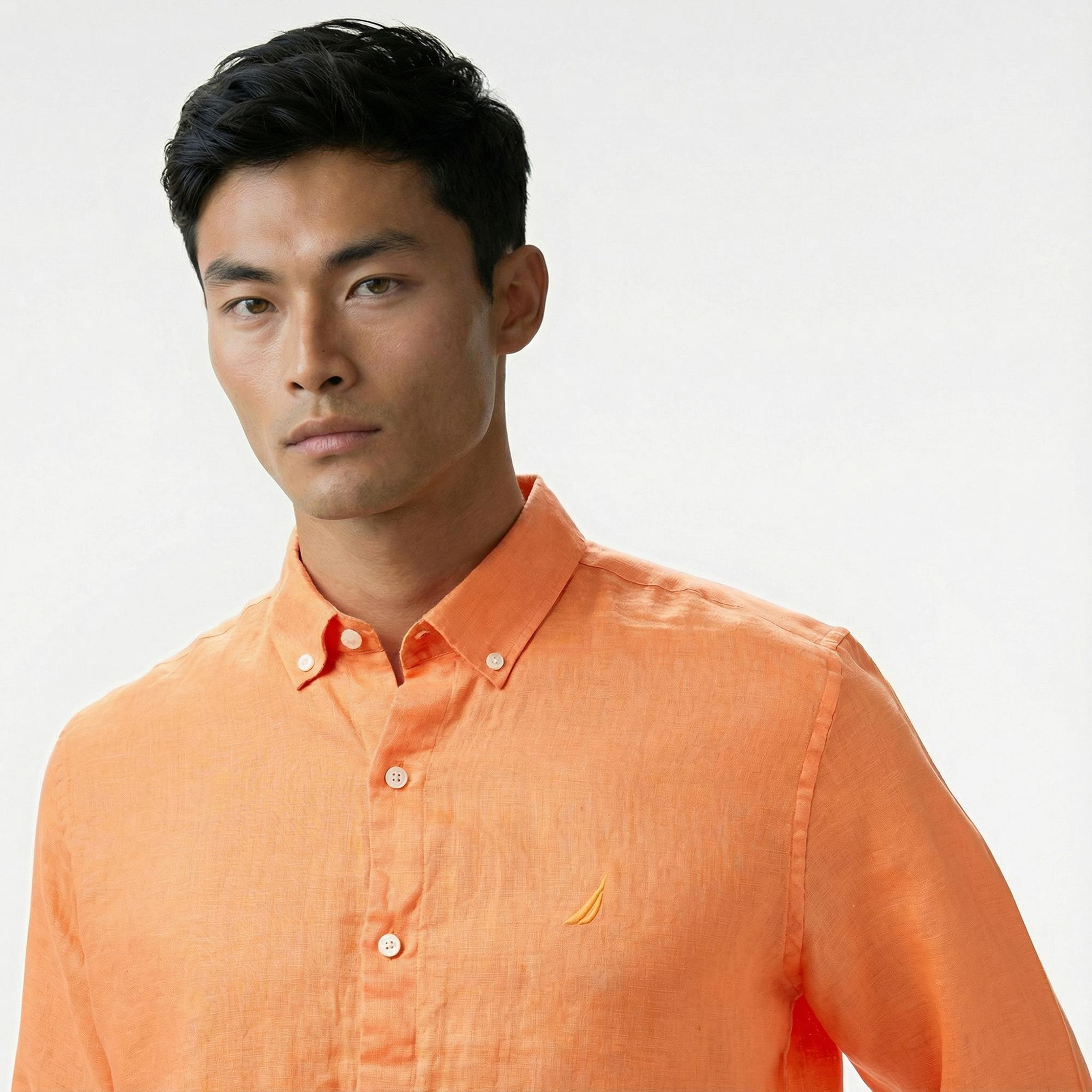 Nautica Erkek Turuncu Classic Fit Keten Gömlek