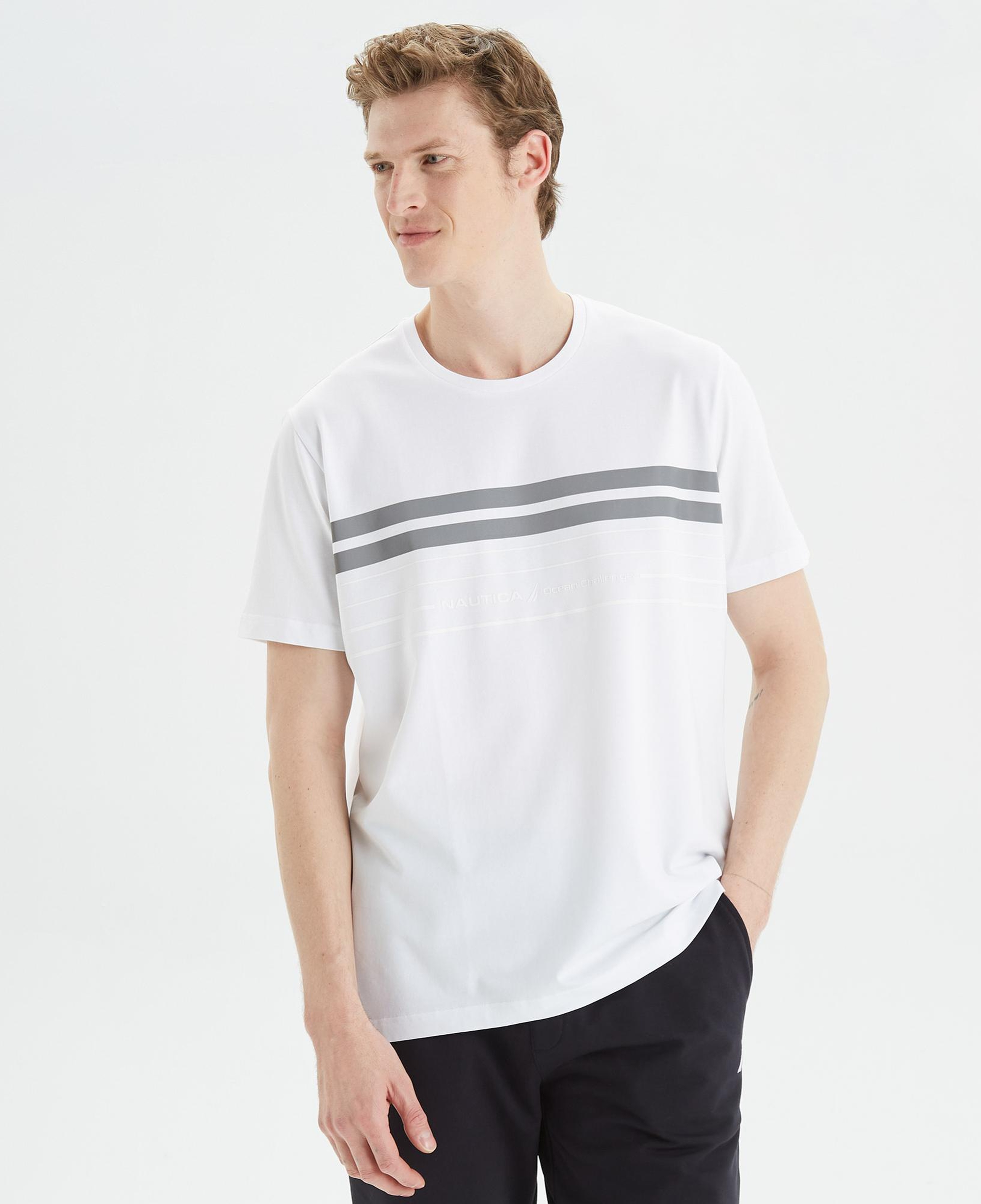Nautica Erkek Beyaz Standart Fit Çizgili T-Shirt