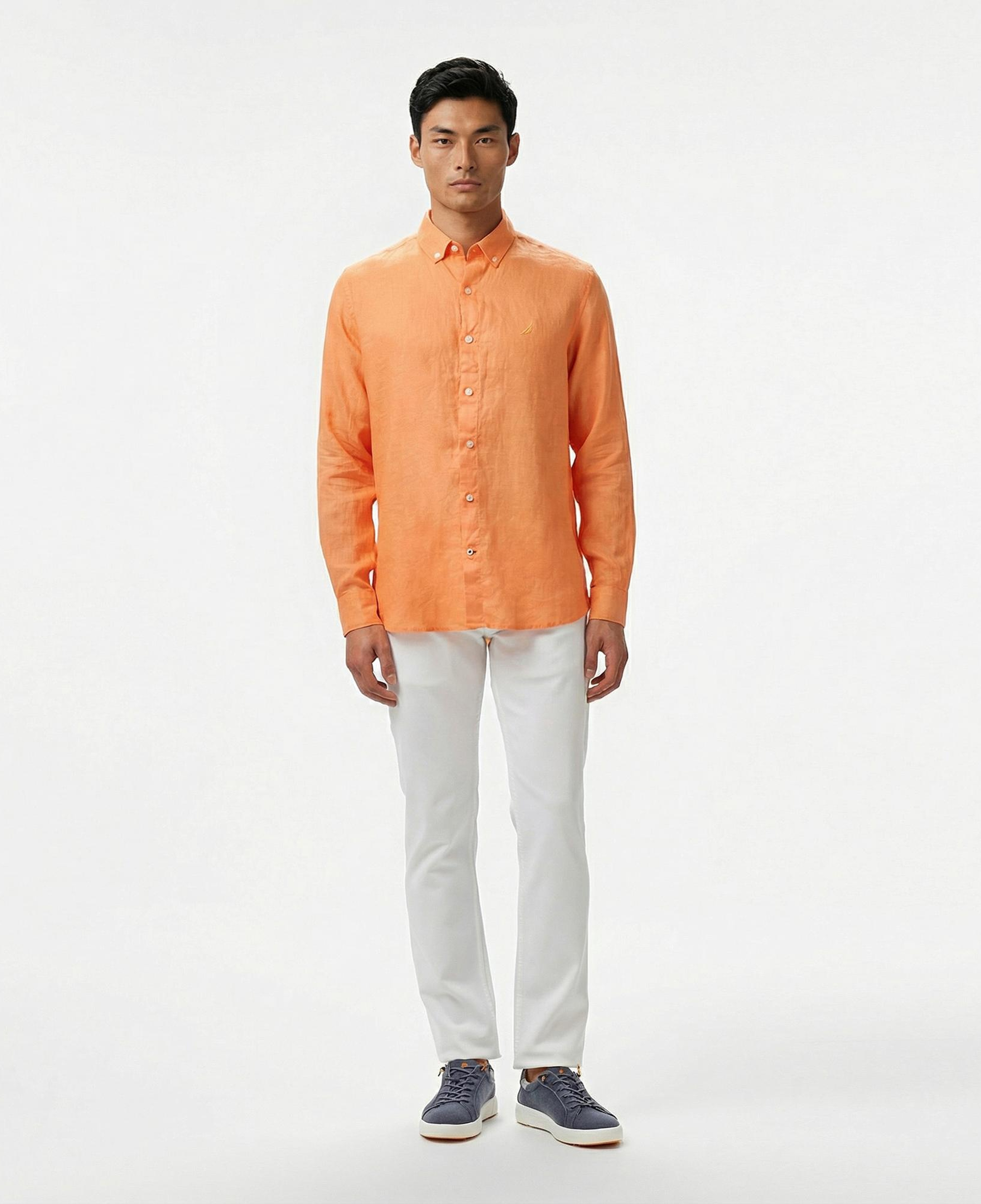 Nautica Erkek Turuncu Classic Fit Keten Gömlek