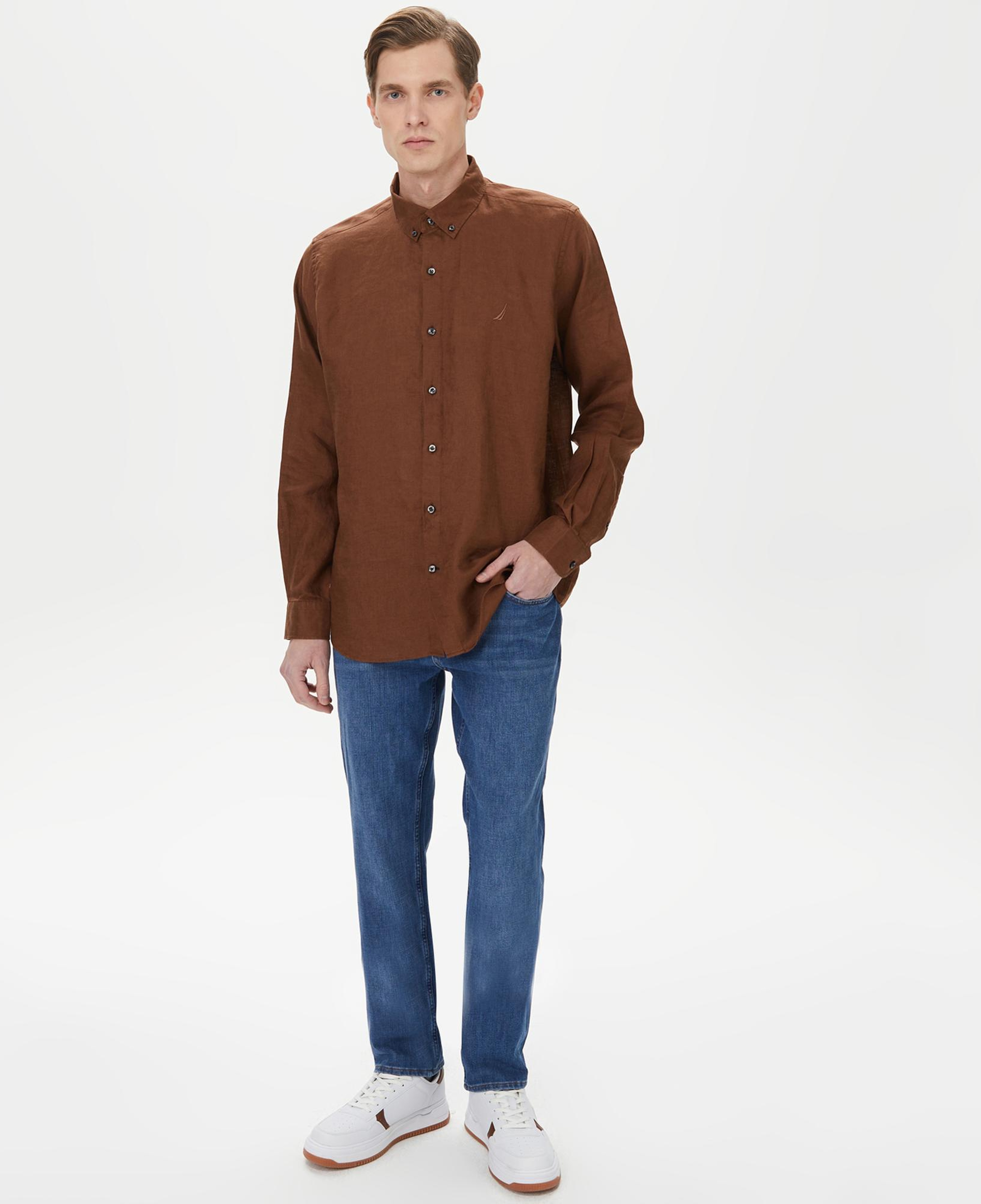 Nautica Erkek Kahverengi Classic Fit Uzun Kollu Keten Gömlek