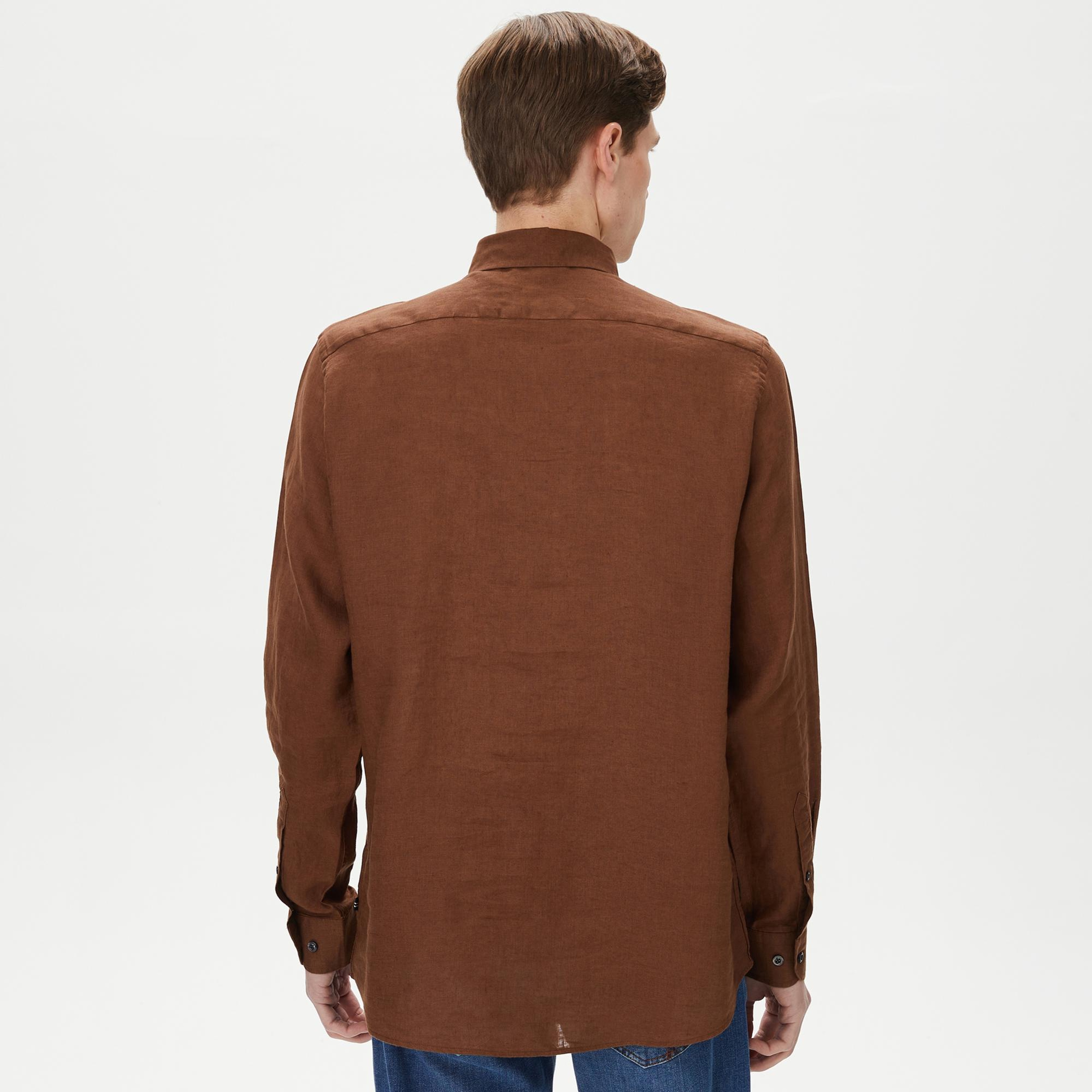 Nautica Erkek Kahverengi Classic Fit Uzun Kollu Keten Gömlek