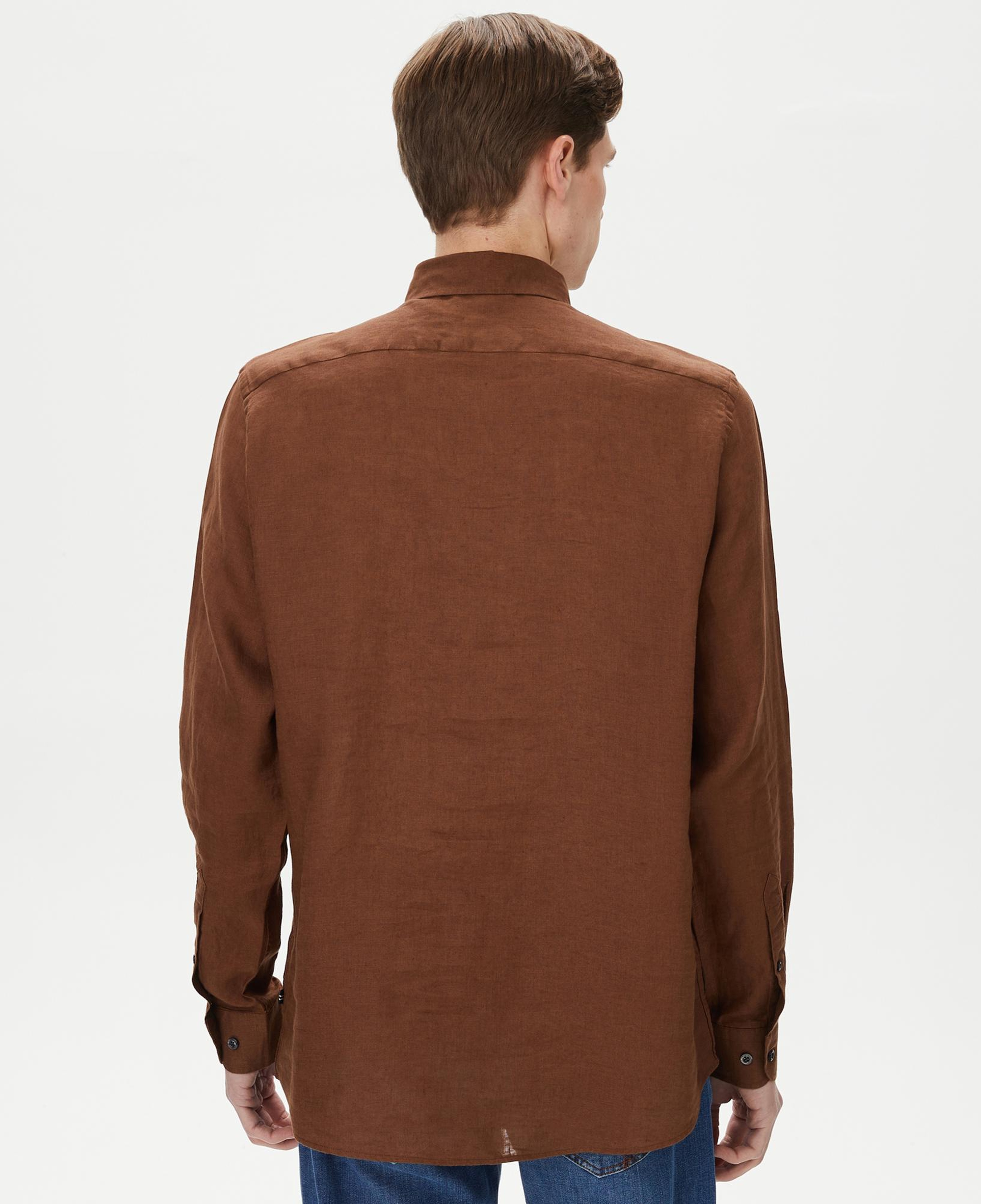 Nautica Erkek Kahverengi Classic Fit Uzun Kollu Keten Gömlek