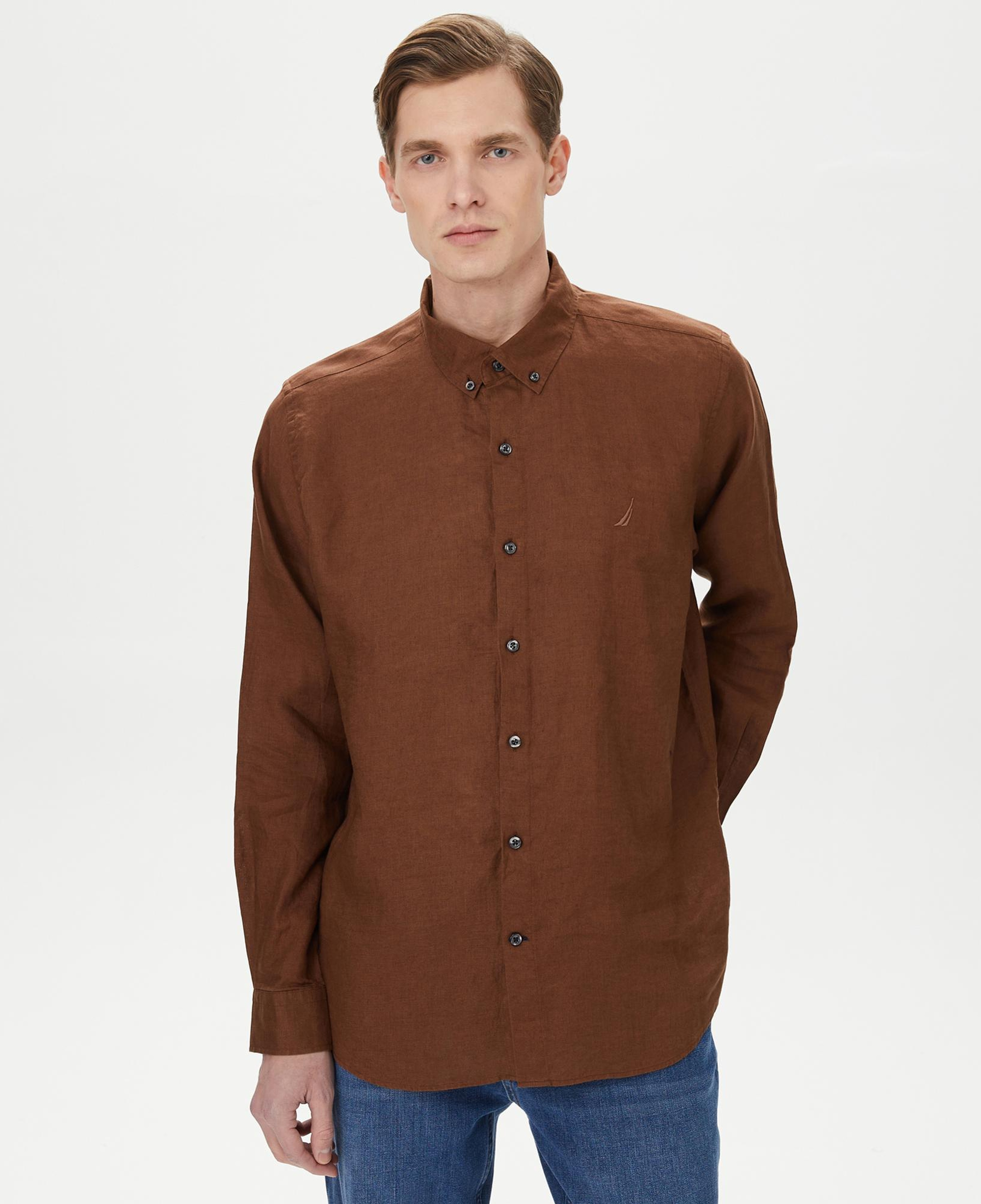 Nautica Erkek Kahverengi Classic Fit Uzun Kollu Keten Gömlek