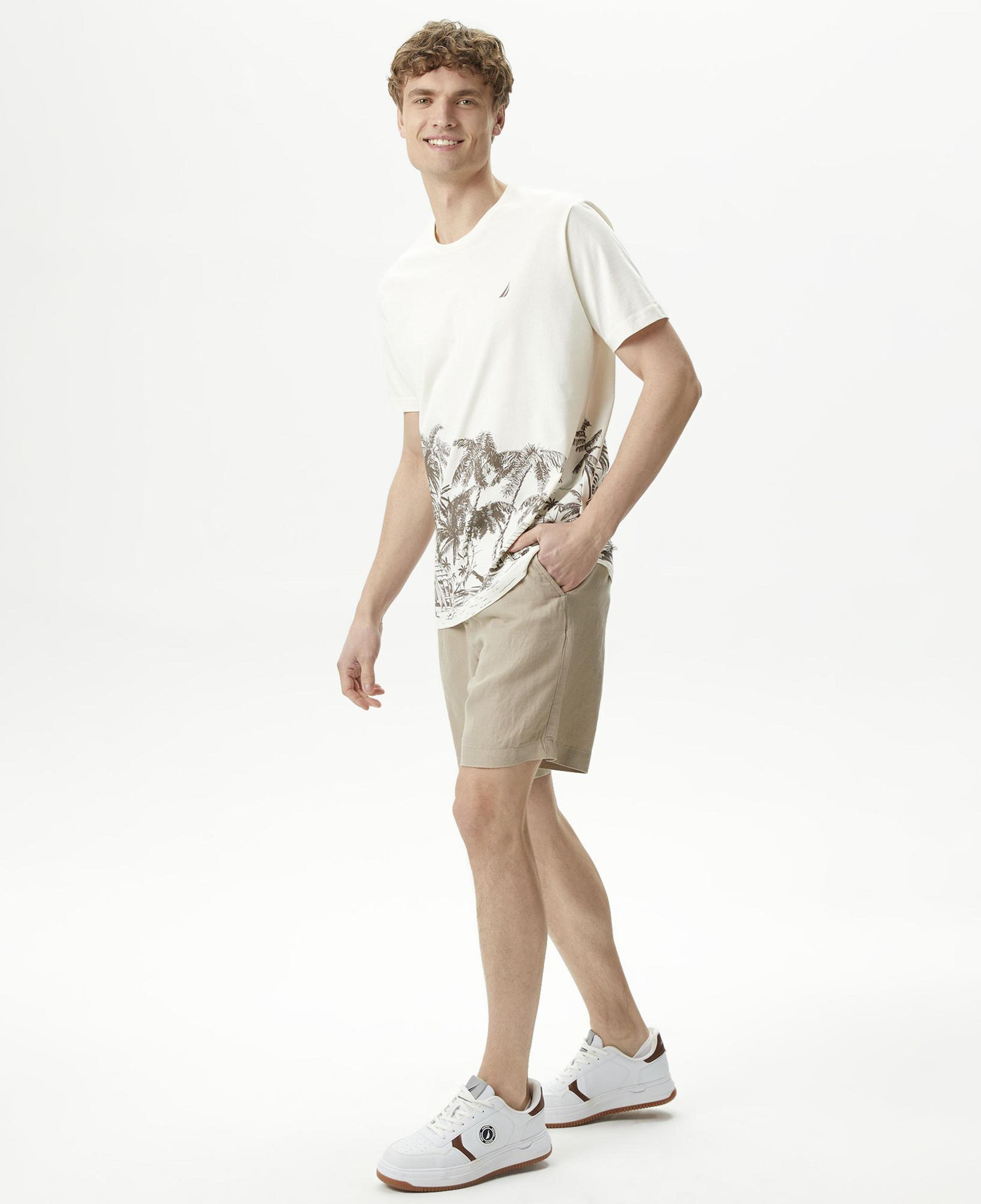 Nautica Erkek Bej Classic Fit Keten Bermuda