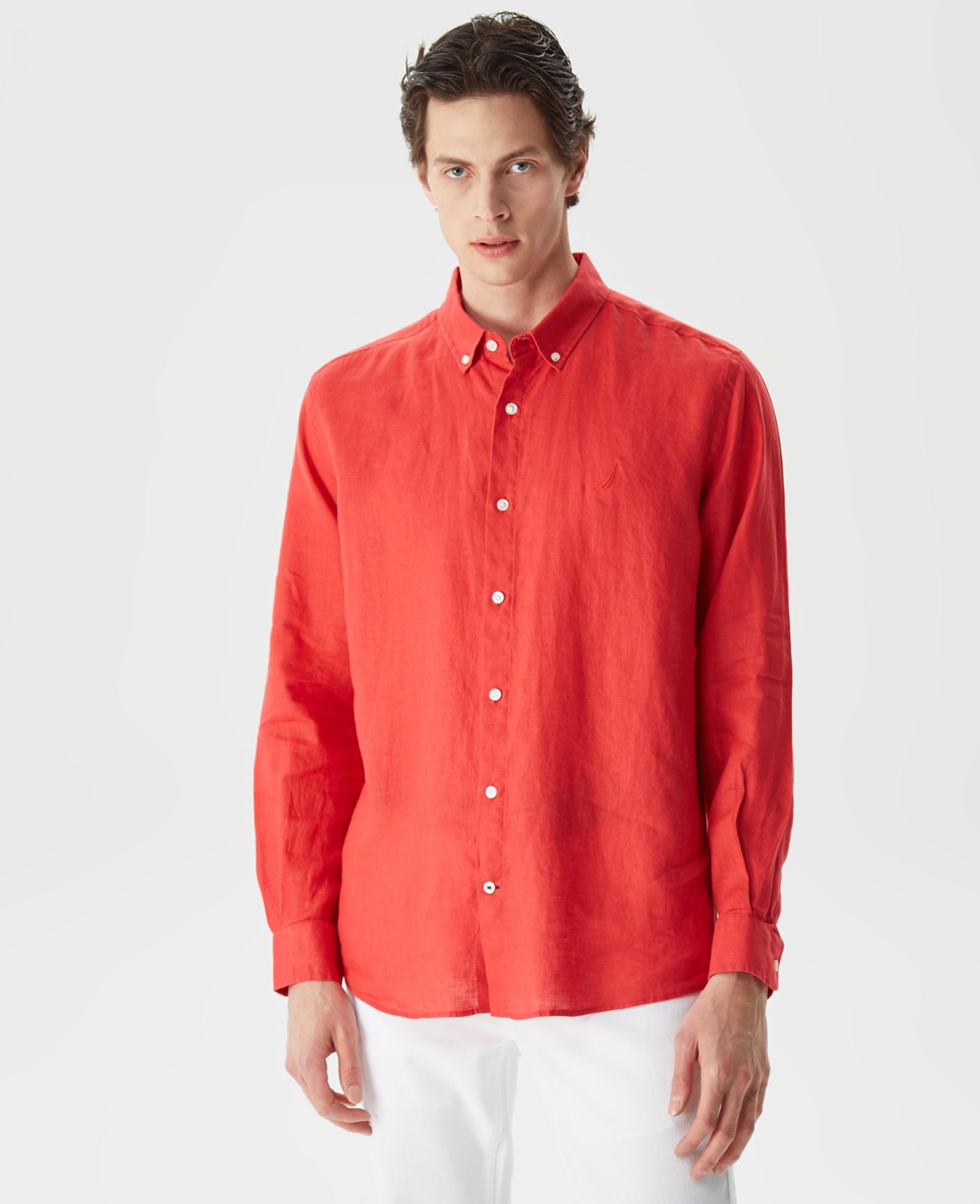 Nautica Erkek Kırmızı Classic Fit Uzun Kollu Keten Gömlek