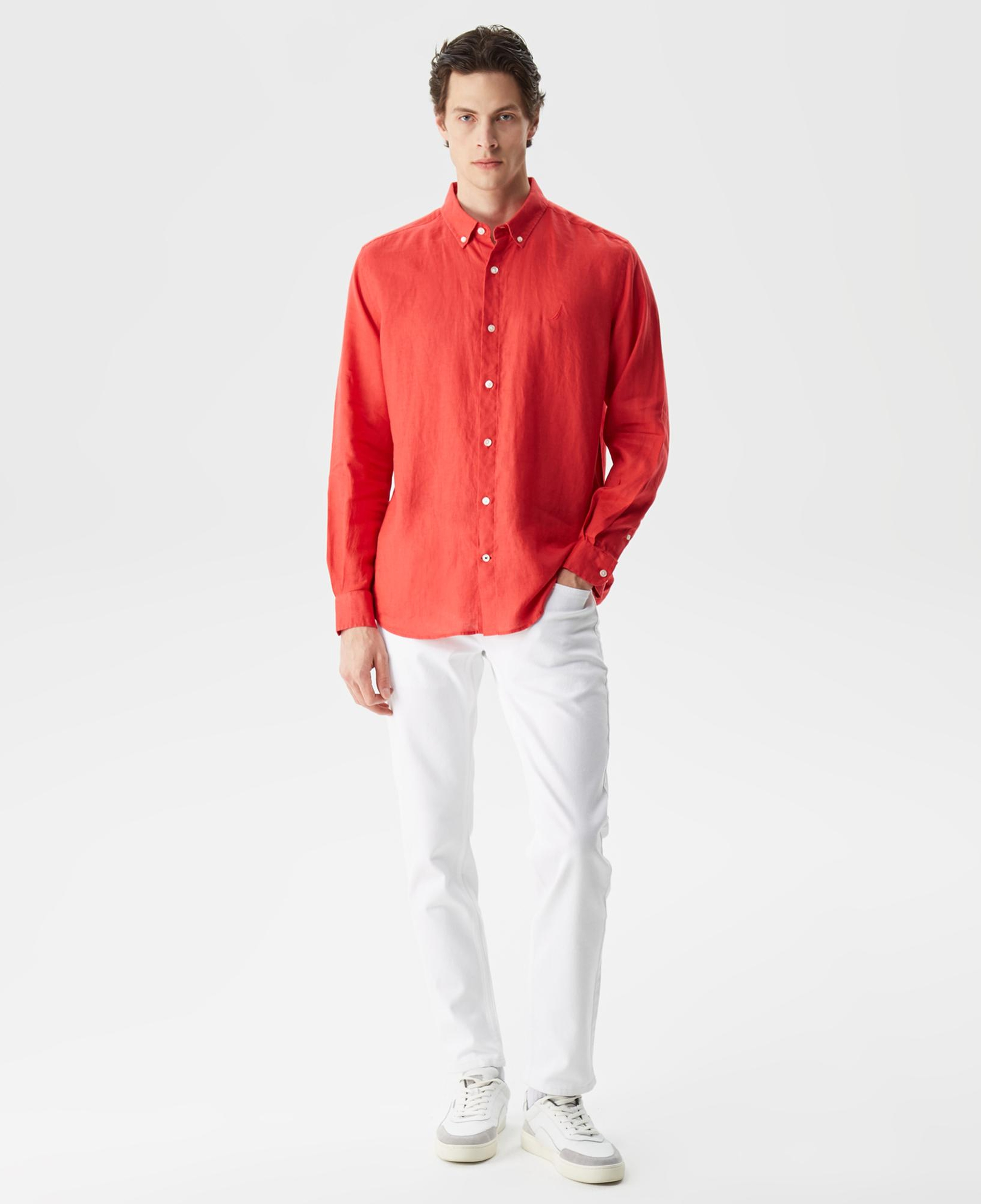 Nautica Erkek Kırmızı Classic Fit Uzun Kollu Keten Gömlek
