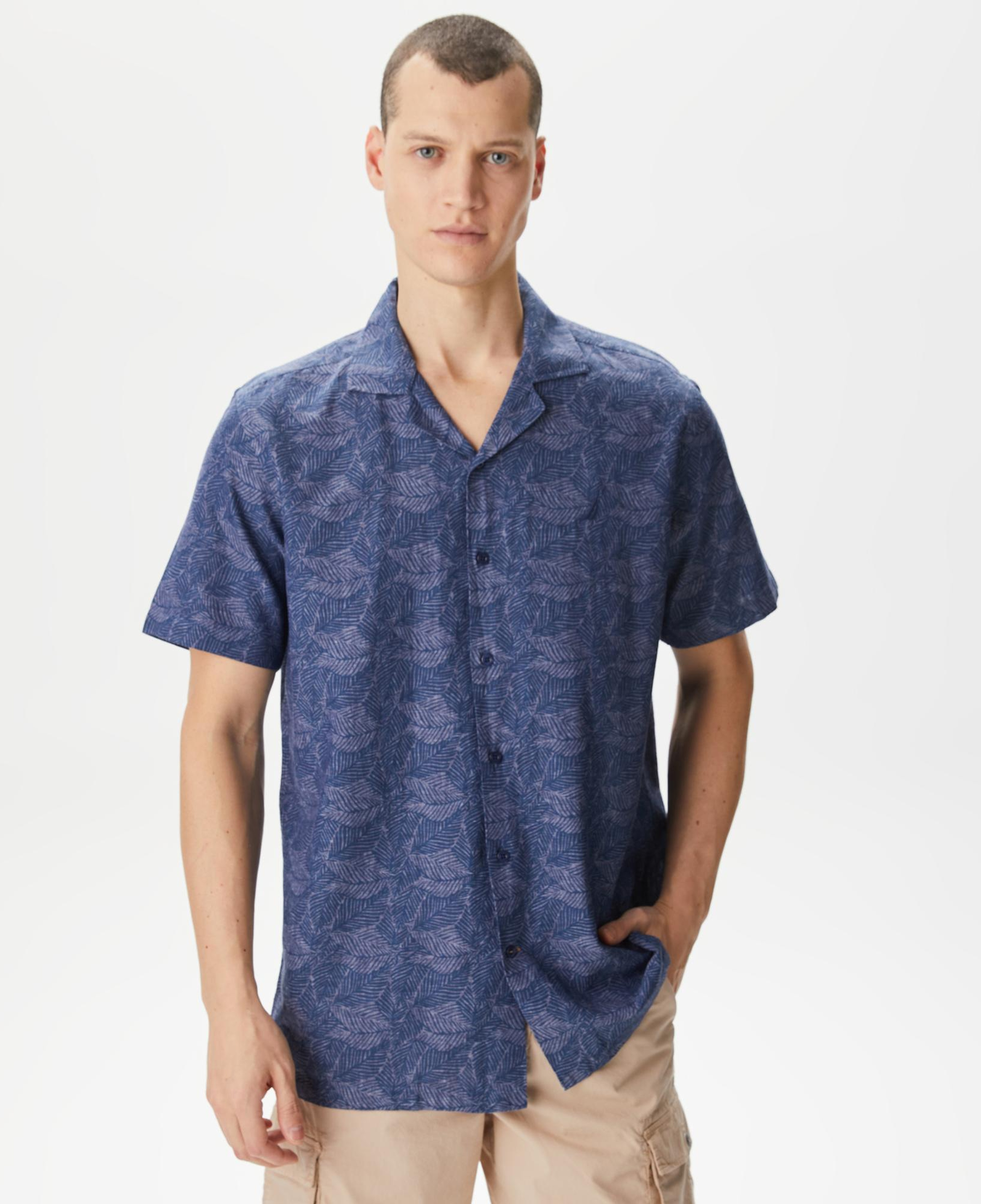 Nautica Erkek Lacivert Classic Fit Kısa Kollu Desenli Keten Gömlek