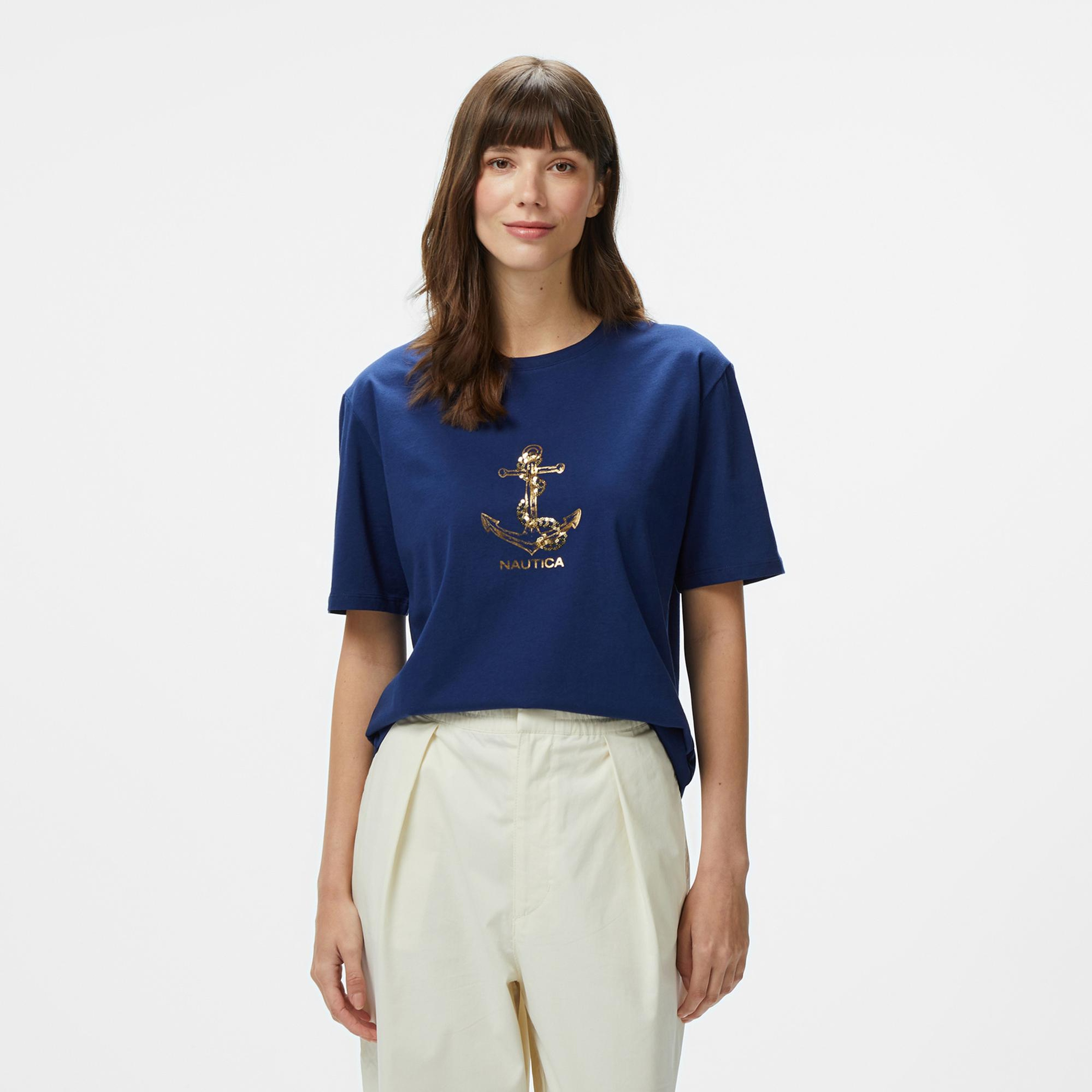 Nautica Kadın Lacivert Regular Fit Nakışlı T-Shirt