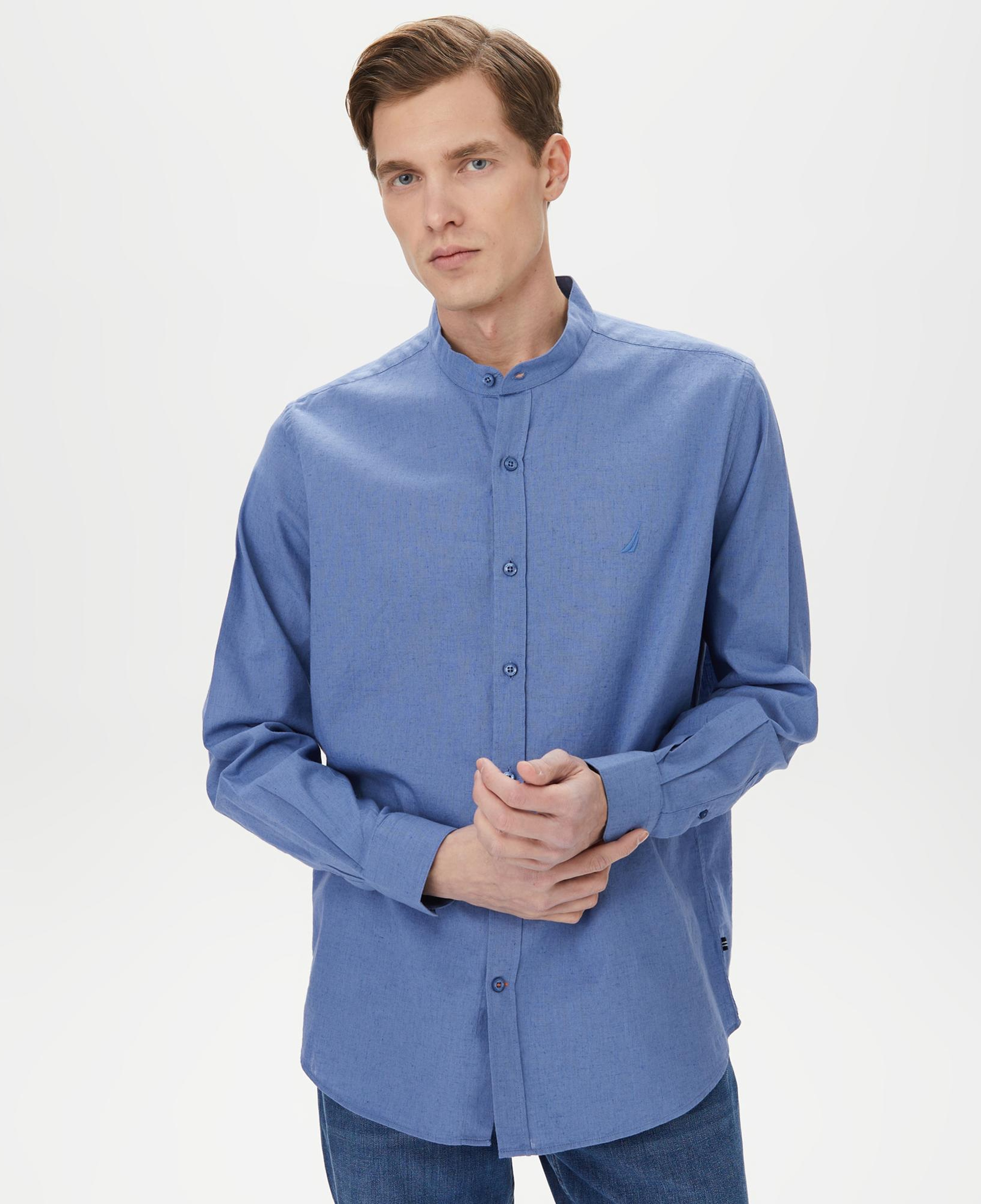 Nautica Erkek Mavi Classic Fit Keten Gömlek