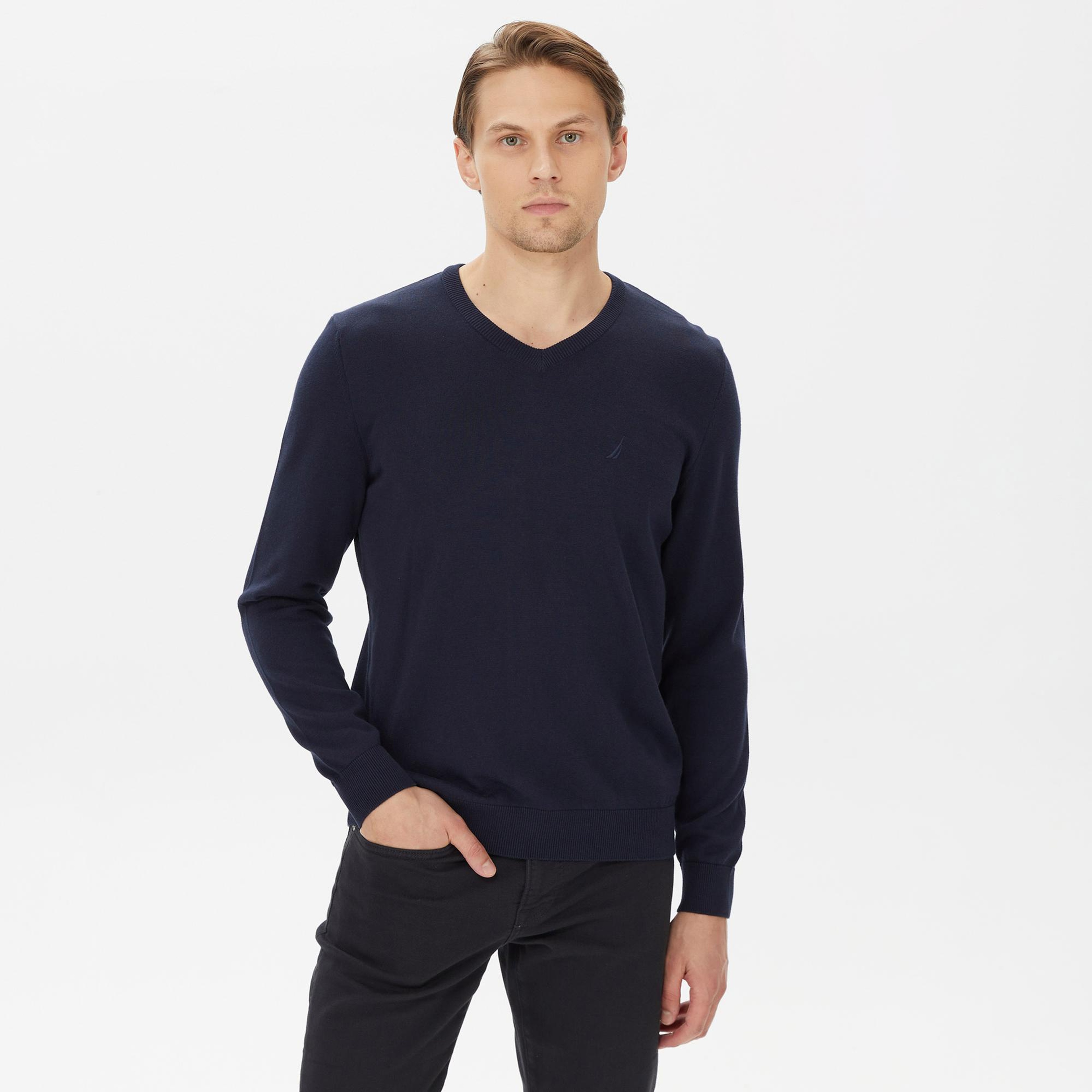 Nautica Erkek Lacivert Standart Fit V Yaka Kazak