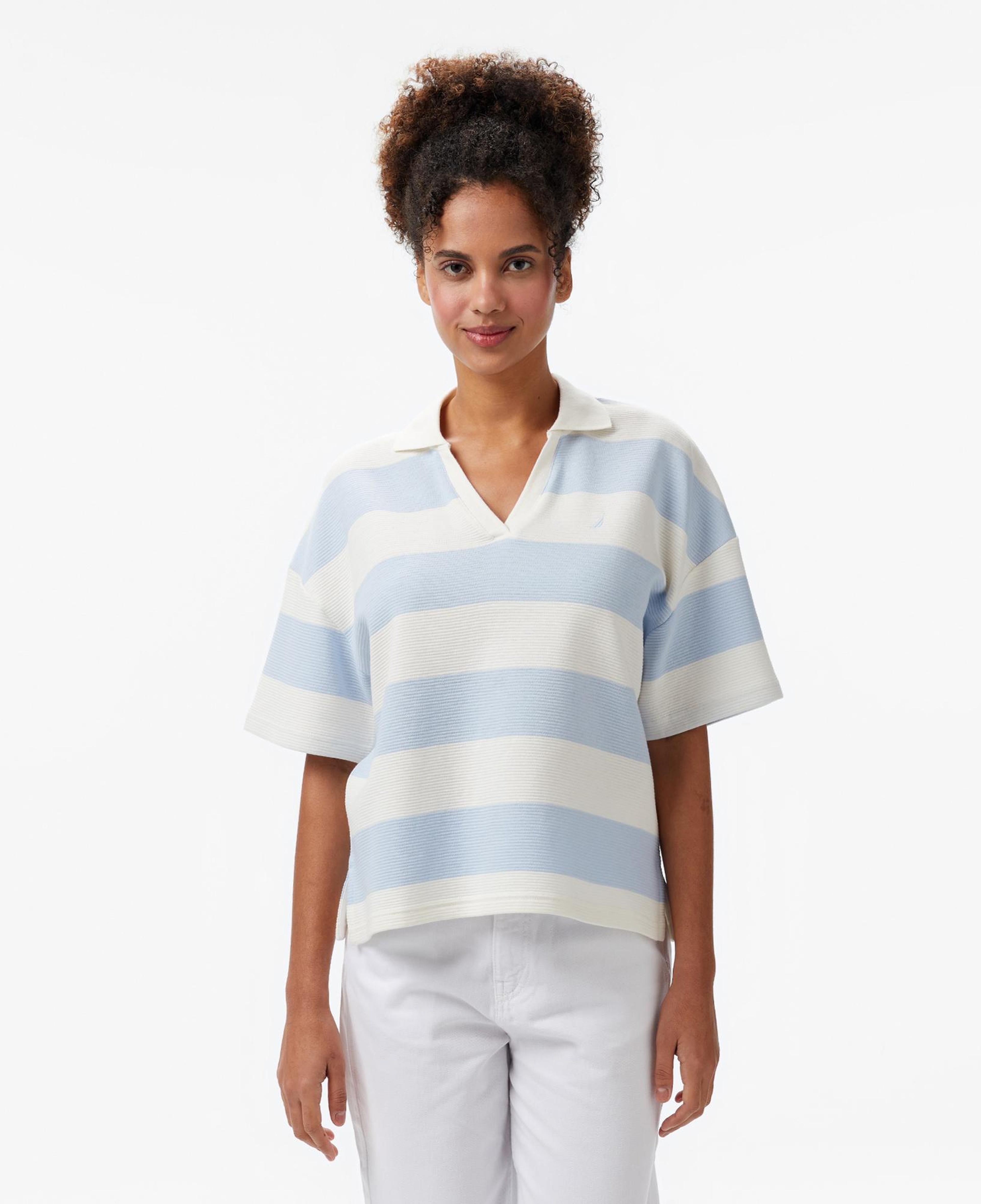 Nautica Kadın Mavi Regular Fit Çizgili Polo Yaka T-Shirt