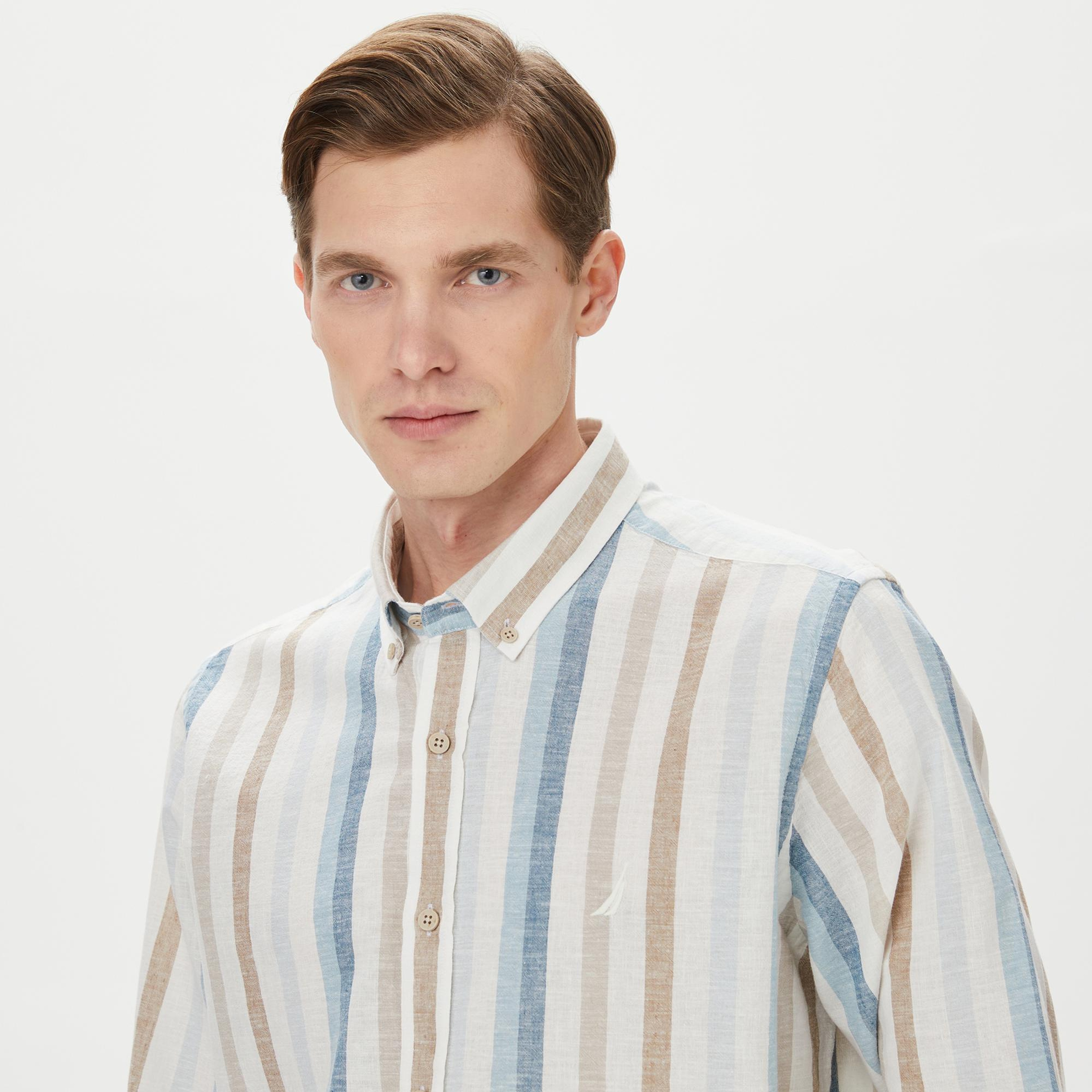 Nautica Erkek Mavi Classic Fit Uzun Kollu Çizgili Gömlek