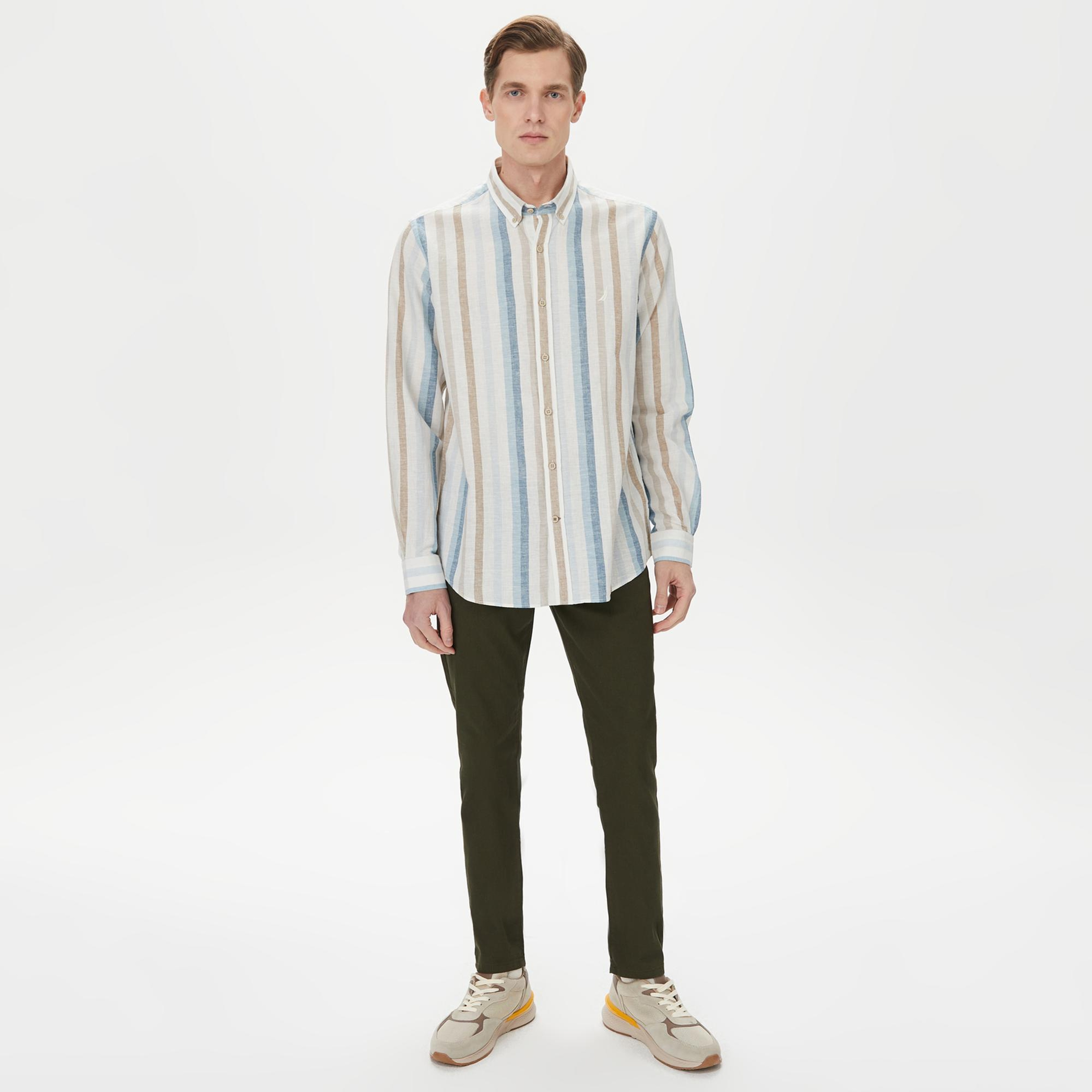 Nautica Erkek Mavi Classic Fit Uzun Kollu Çizgili Gömlek