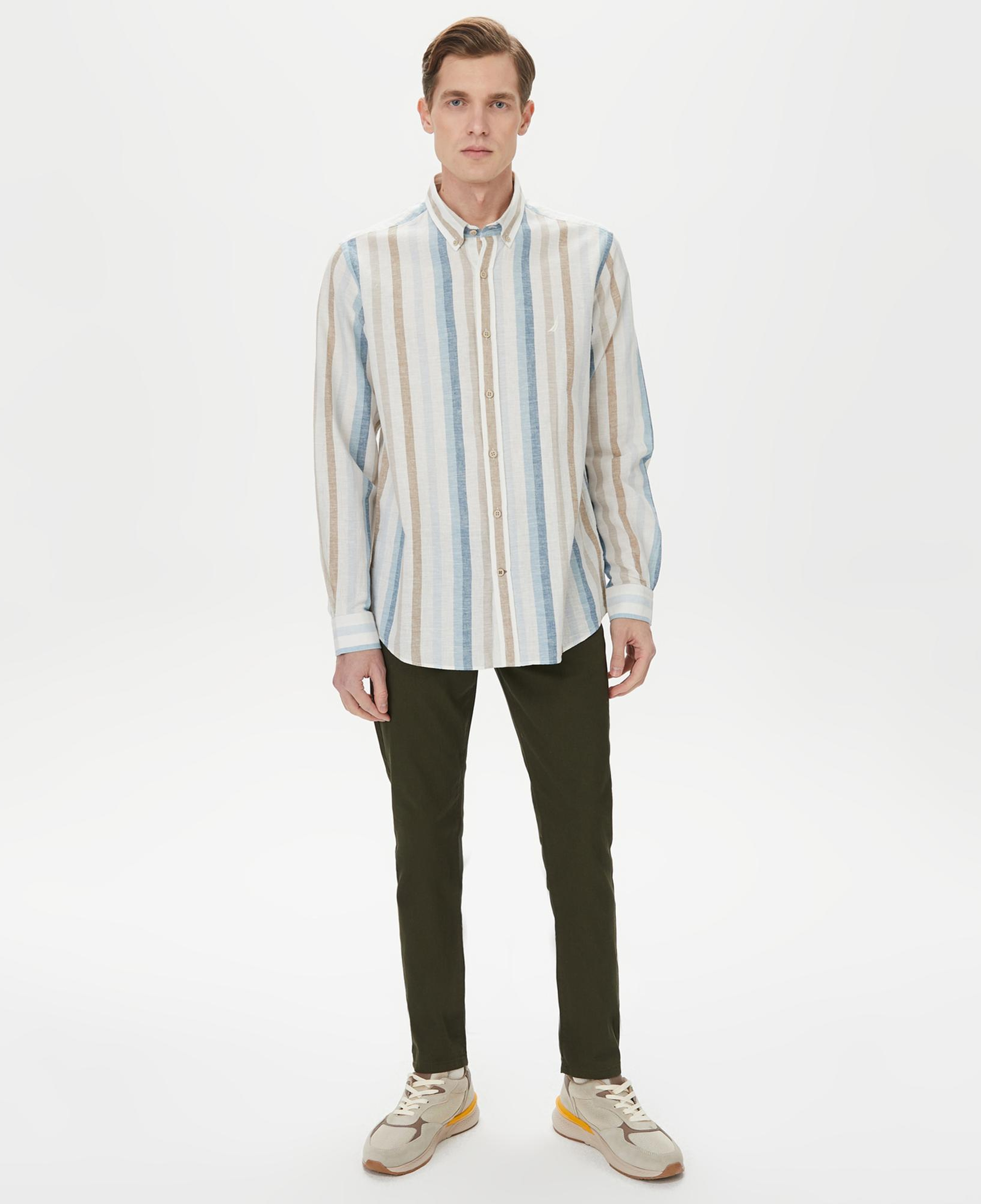 Nautica Erkek Mavi Classic Fit Uzun Kollu Çizgili Gömlek