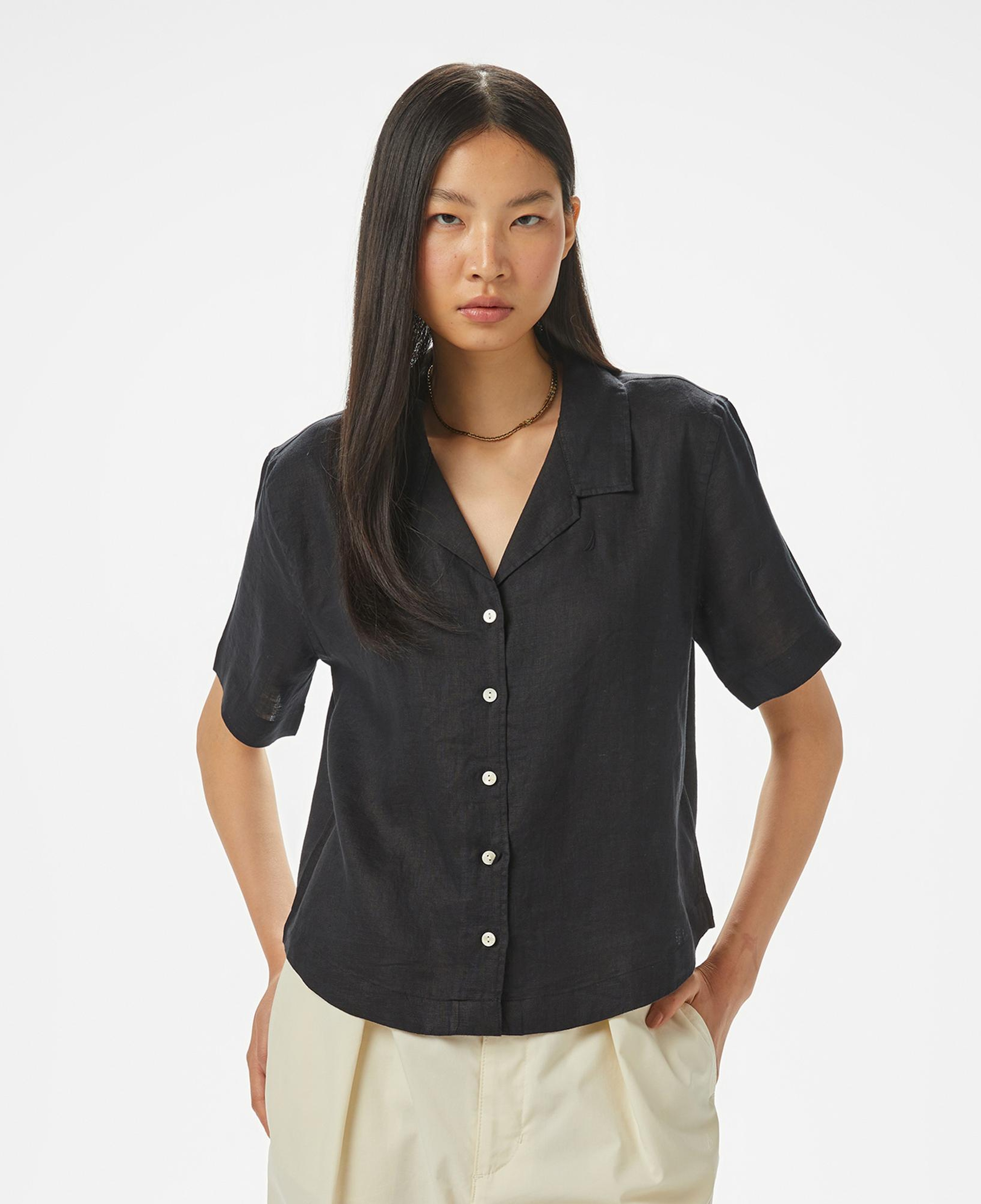 Nautica Kadın Siyah Regular Fit Keten Gömlek