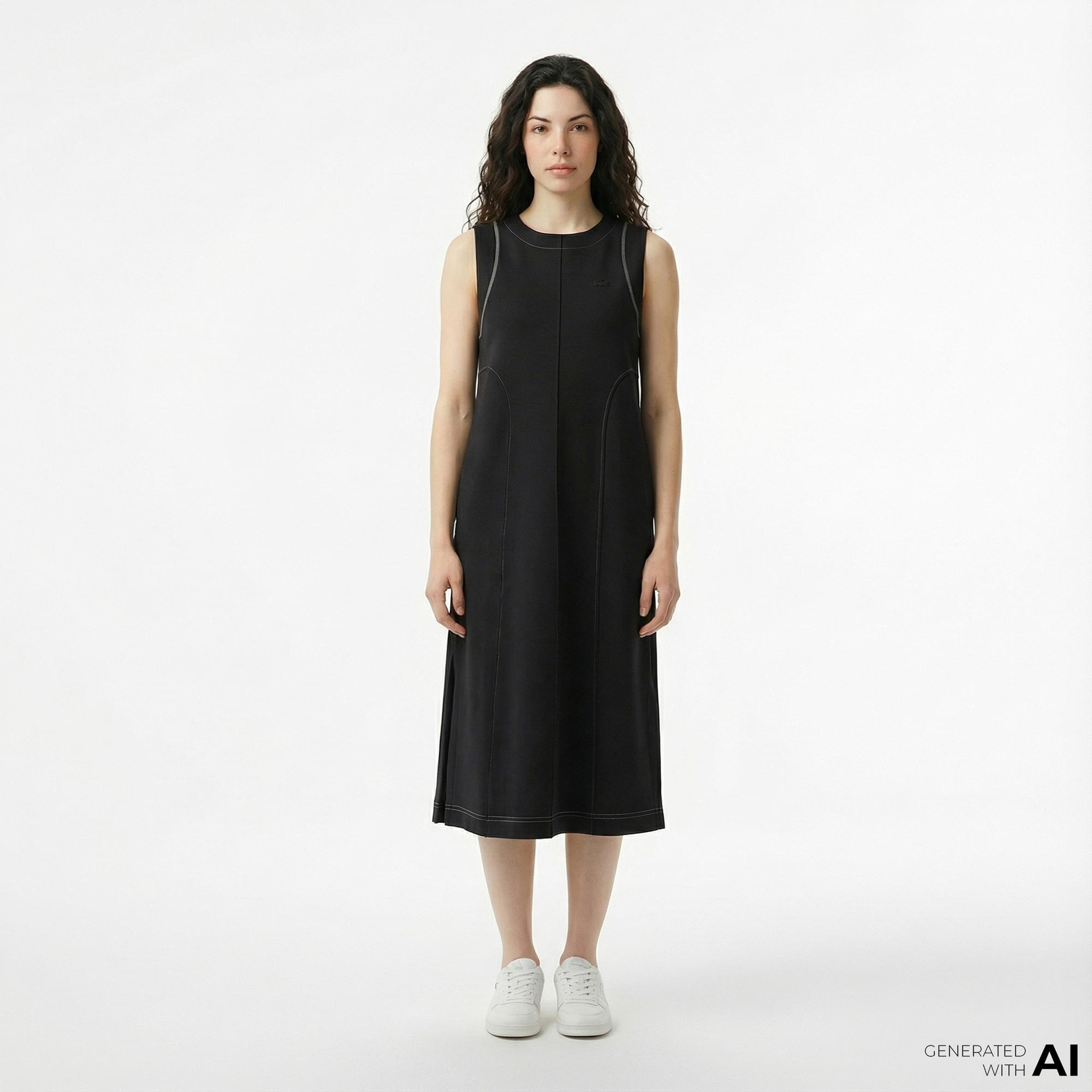 Lacoste Kadın Relaxed Fit Kolsuz Bisiklet Yaka Siyah Elbise