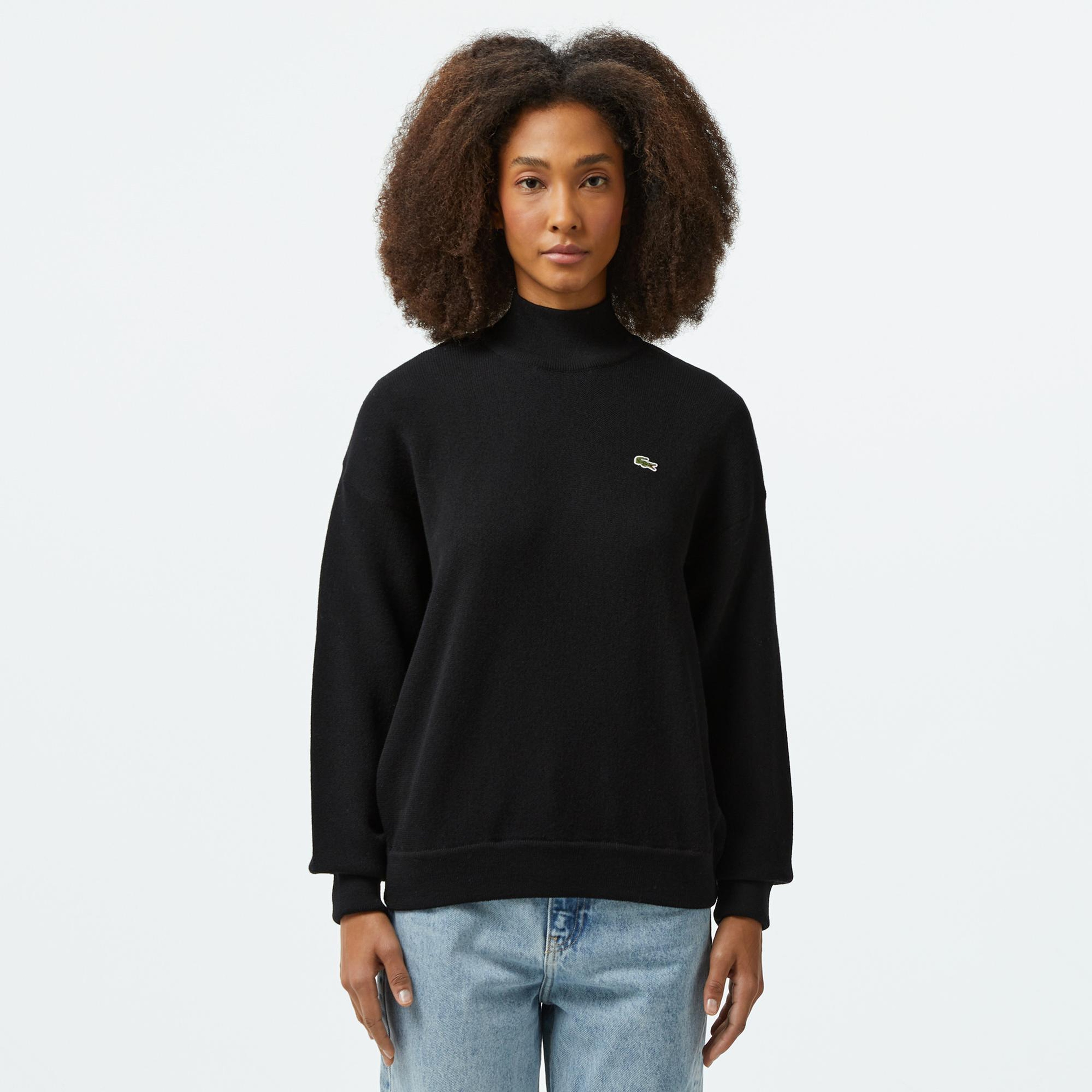 Lacoste Kadın Relaxed Fit Polo Yaka Yün Siyah Kazak