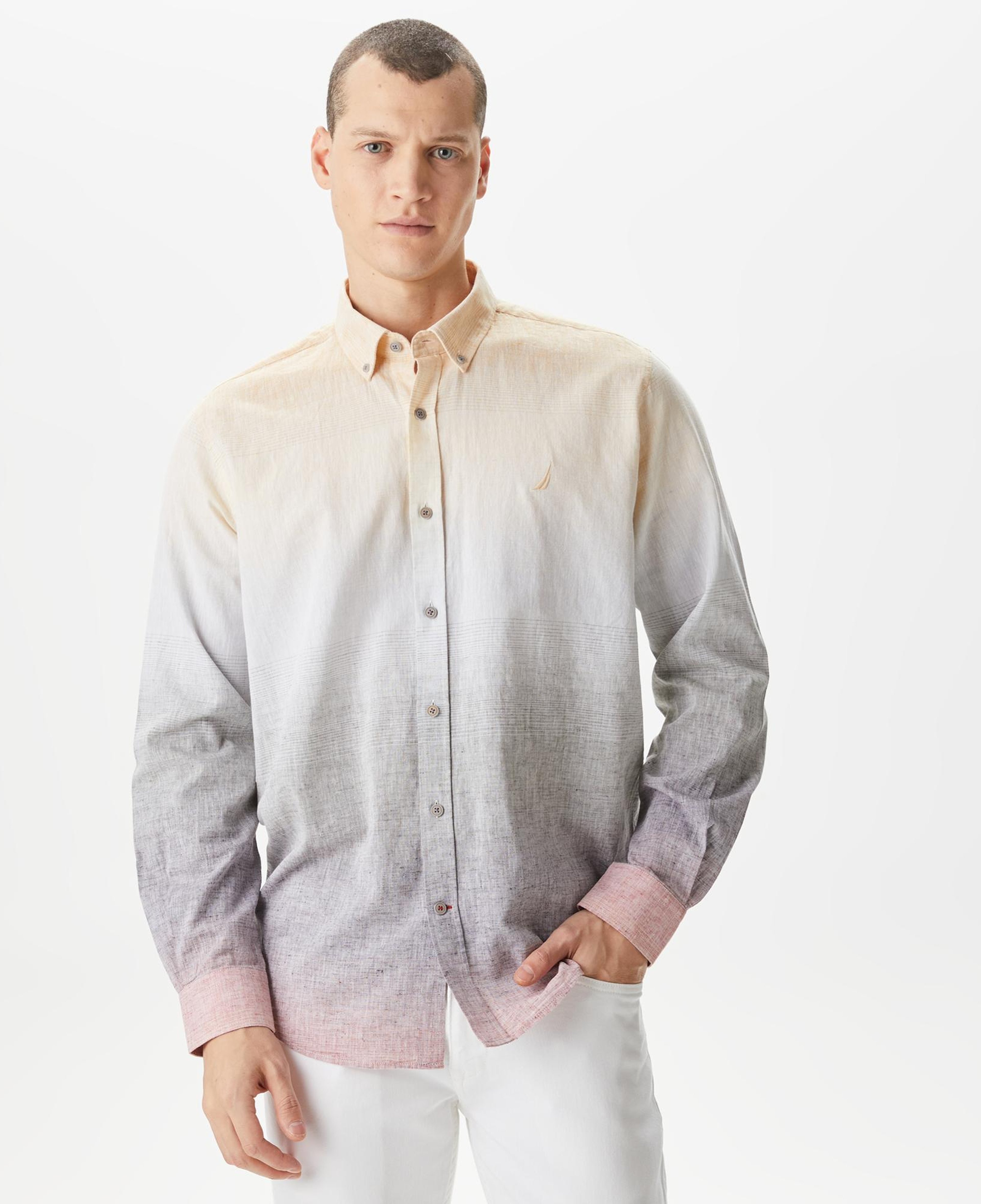 Nautica Erkek Bej Classic Fit Uzun Kollu Renk Bloklu Gömlek