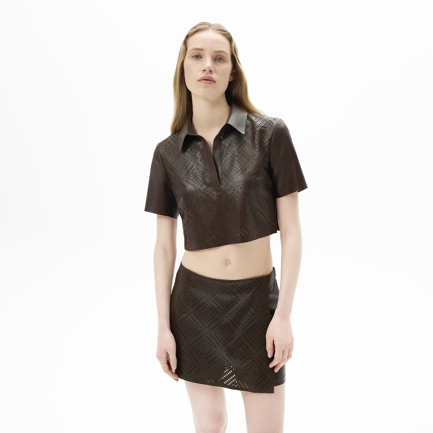 Kadın Kahve Lazer Kesimli Kısa Perforeli Deri Gömlek