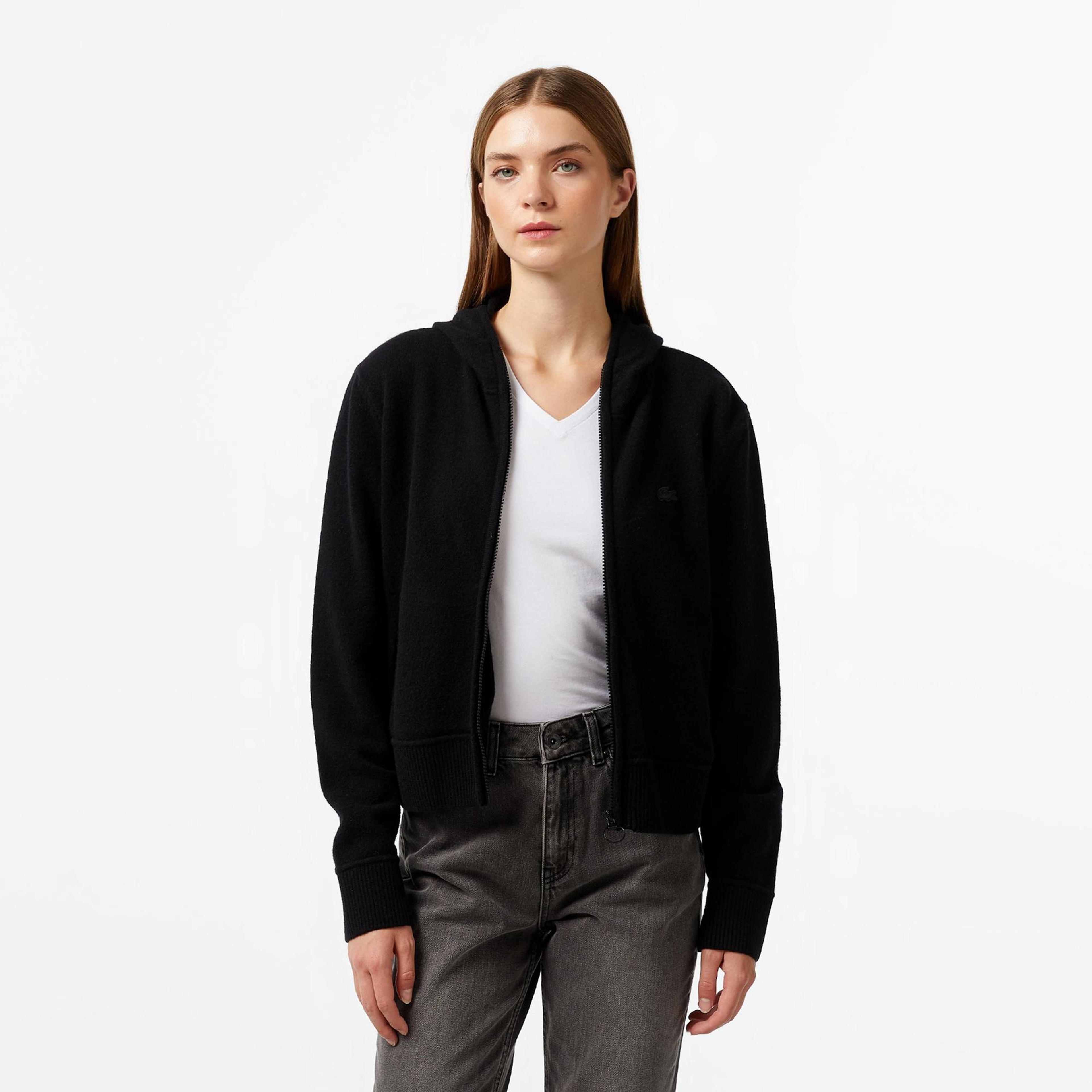 Lacoste Kadın Relaxed Fit Kapüşonlu Siyah Hırka