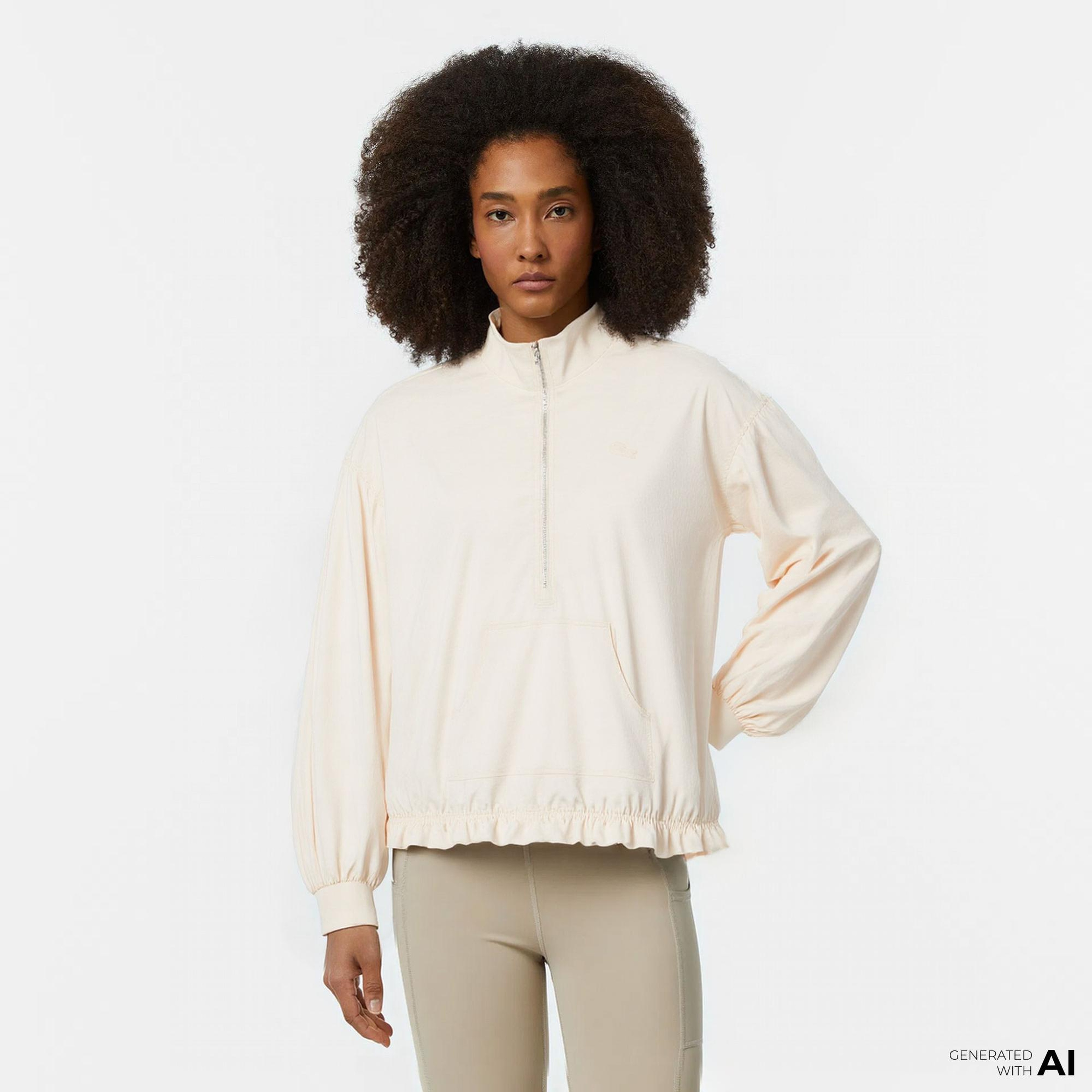 Lacoste Kadın Oversize Fit Yarım Fermuarlı Krem Sweatshirt