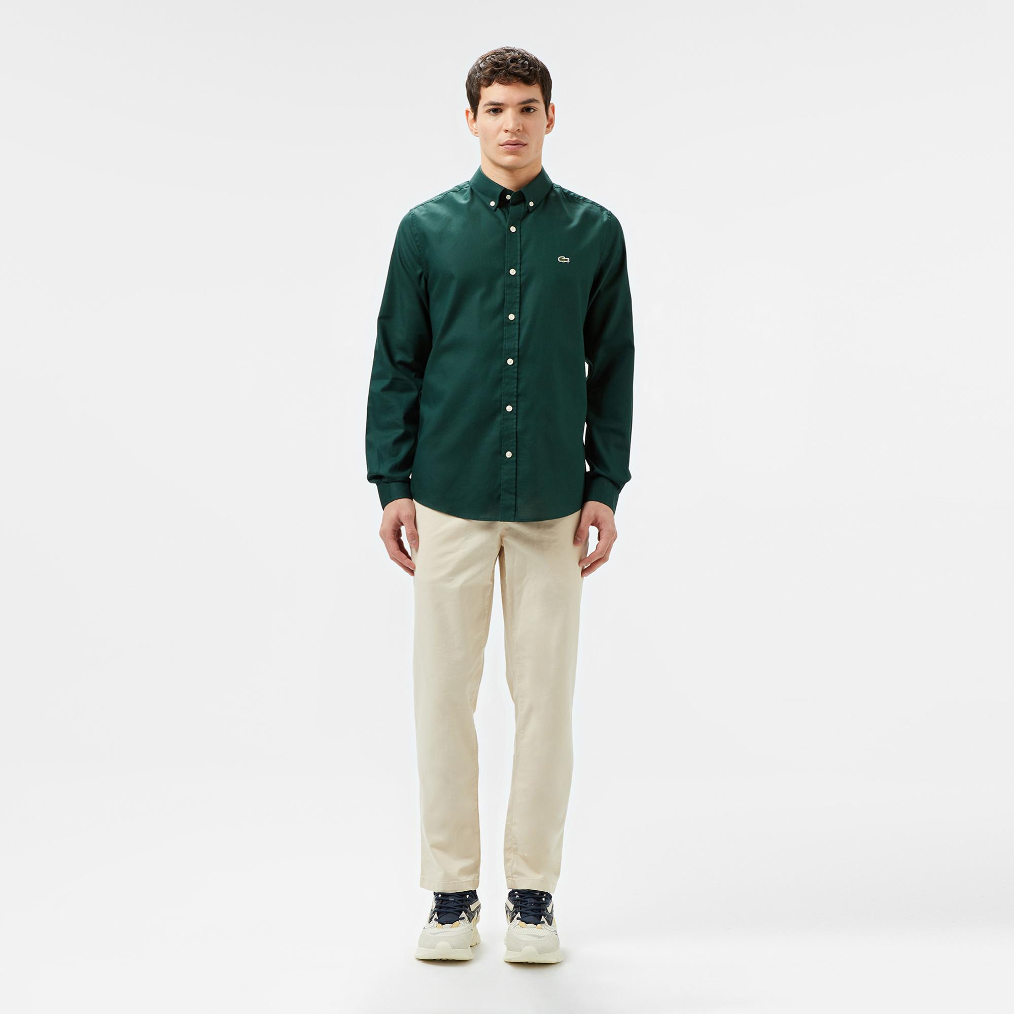 Lacoste Erkek Slim Fit Düğmeli Yaka Koyu Yeşil Gömlek