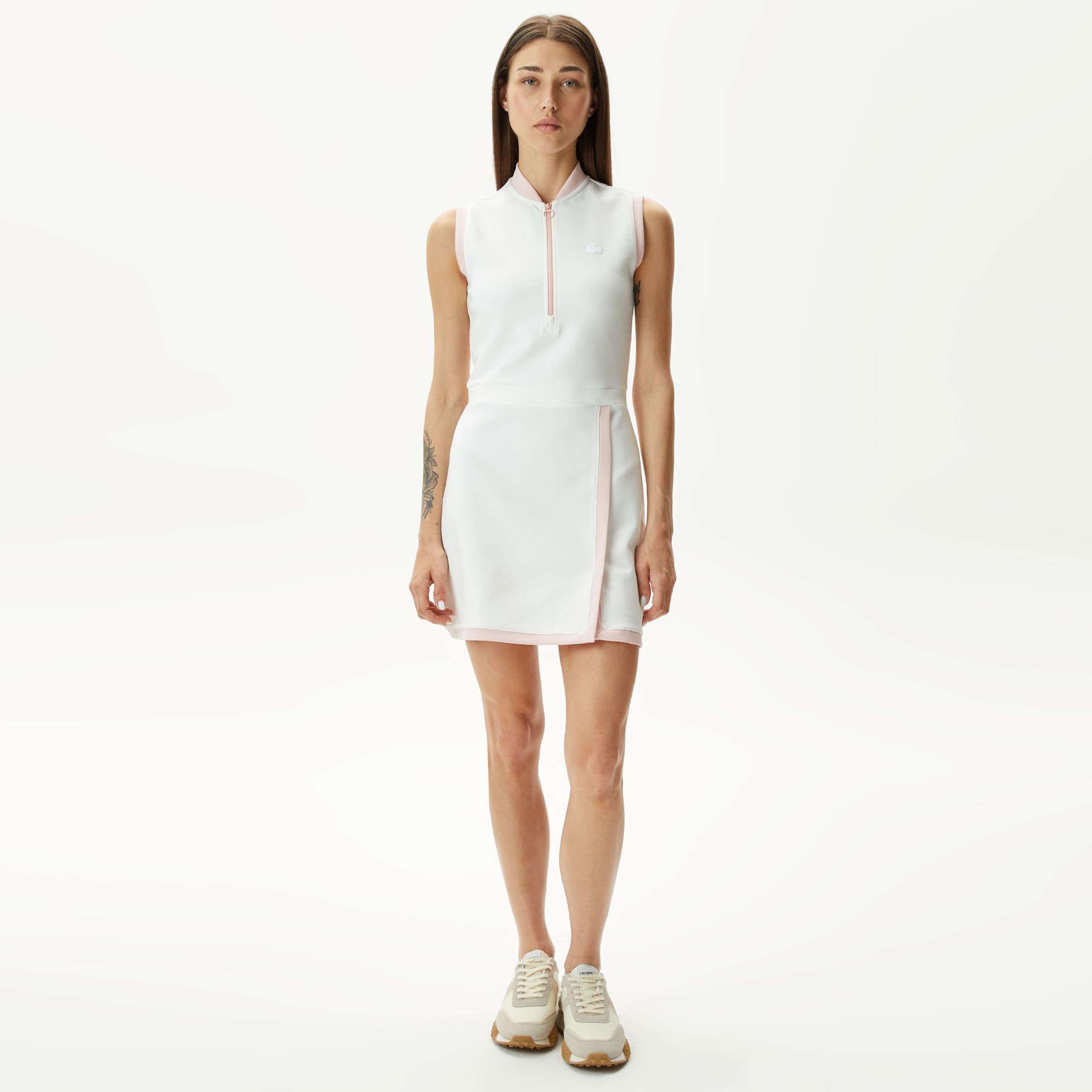 Lacoste Kadın Regular Fit Kolsuz Yarım Fermuarlı Renk Bloklu Beyaz Elbise
