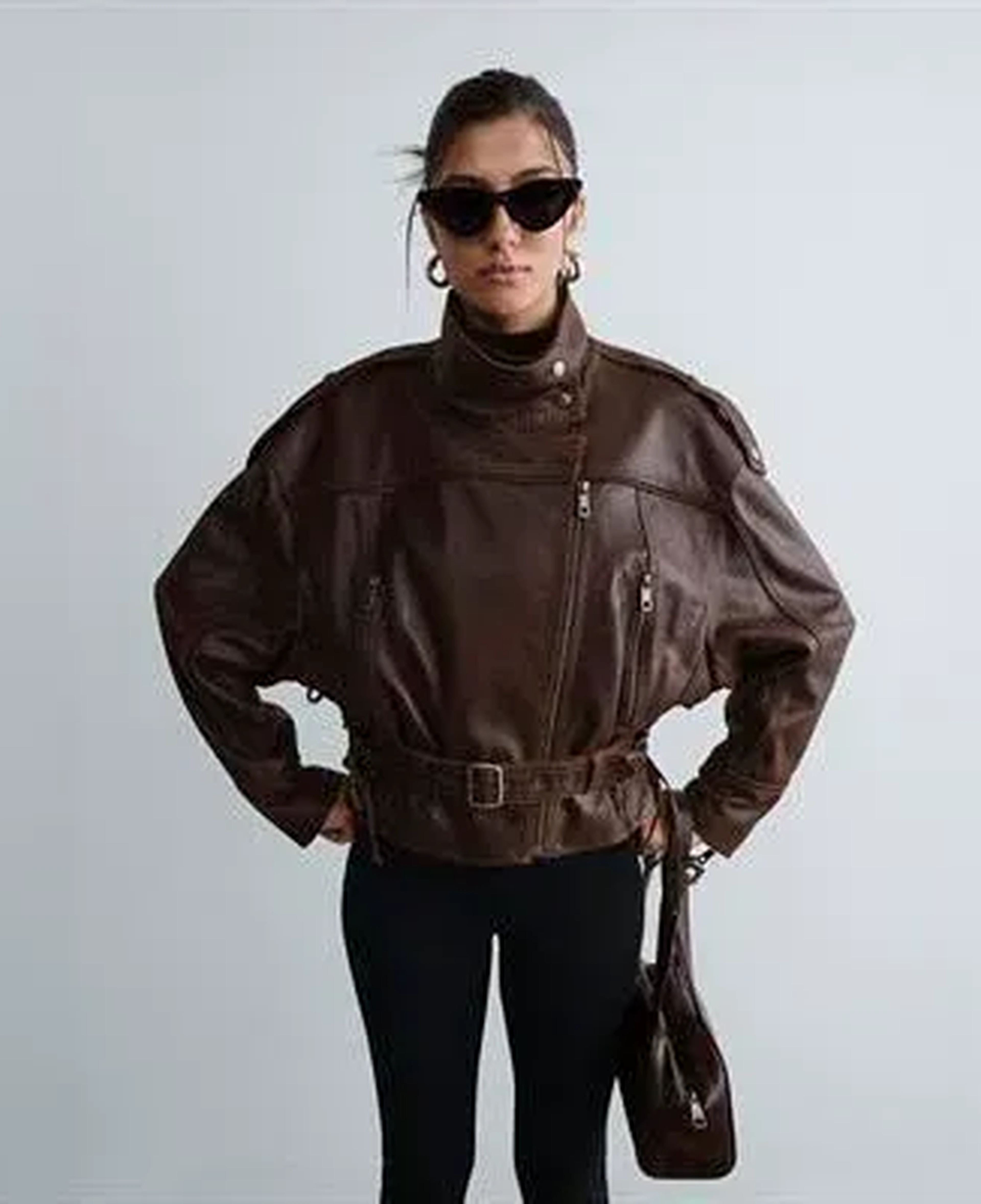 Kadın Kahve Oversize Kemerli Biker Deri Ceket